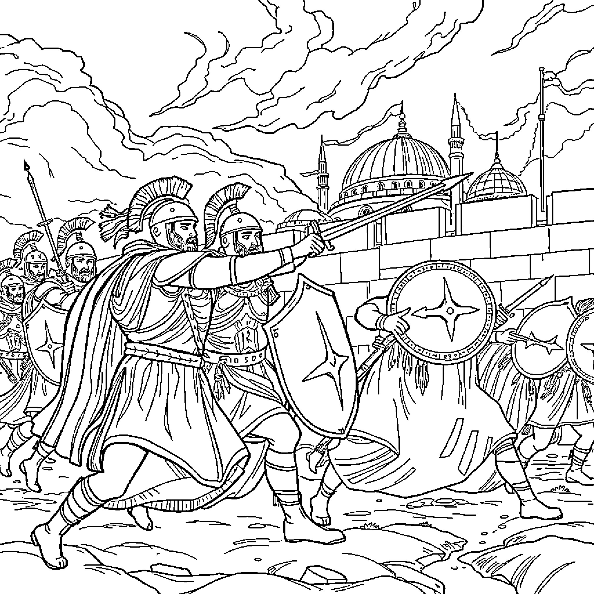 Greek Soldiers Battling in Iconic City Siege Coloring Page (free black-and-white line drawing printable PDF for all, from beginners to advanced learners, including children, teens, adults, and seniors)