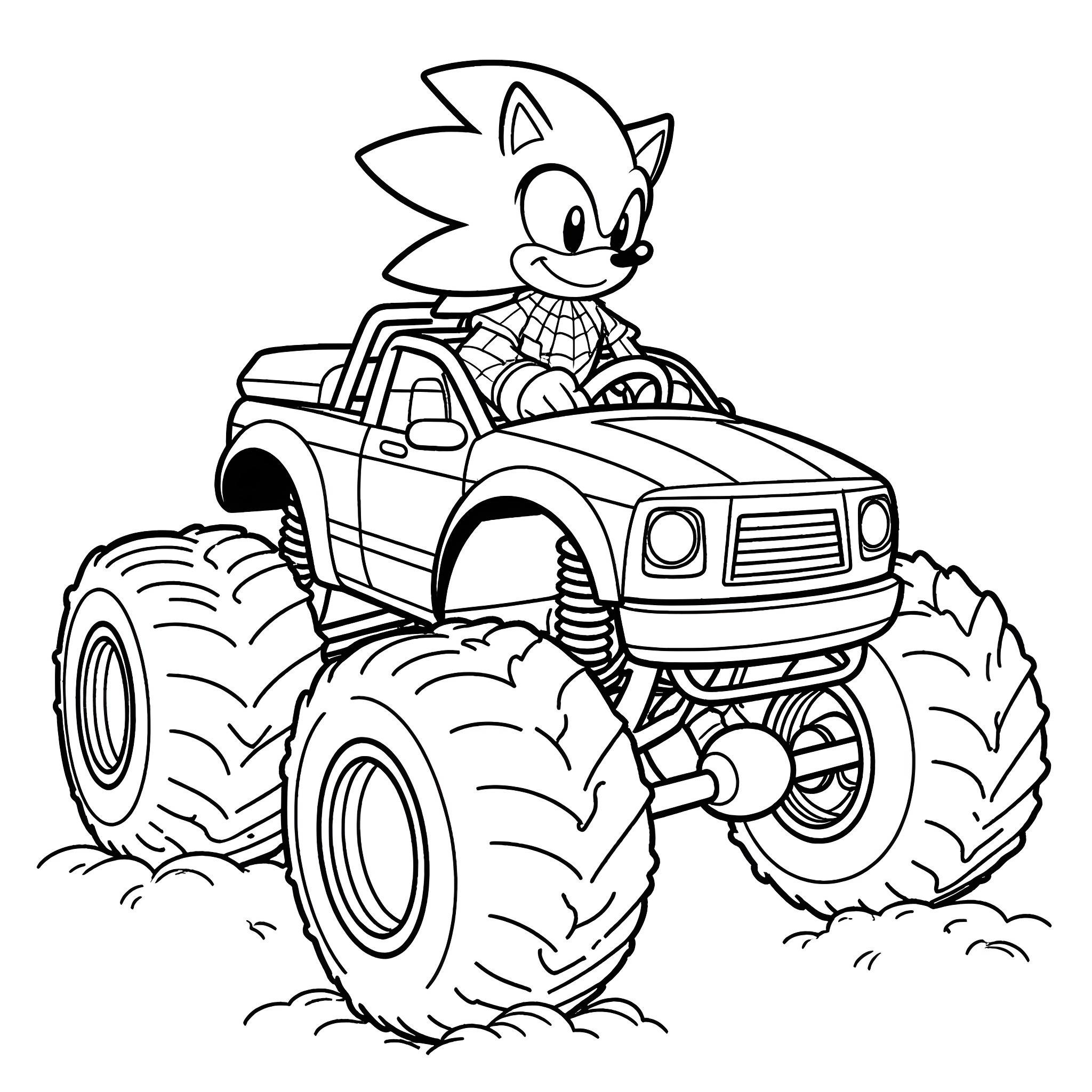 Sonic driving a monster truck over obstacles Coloring Page (free black-and-white line drawing printable PDF for all, from beginners to advanced learners, including children, teens, adults, and seniors)