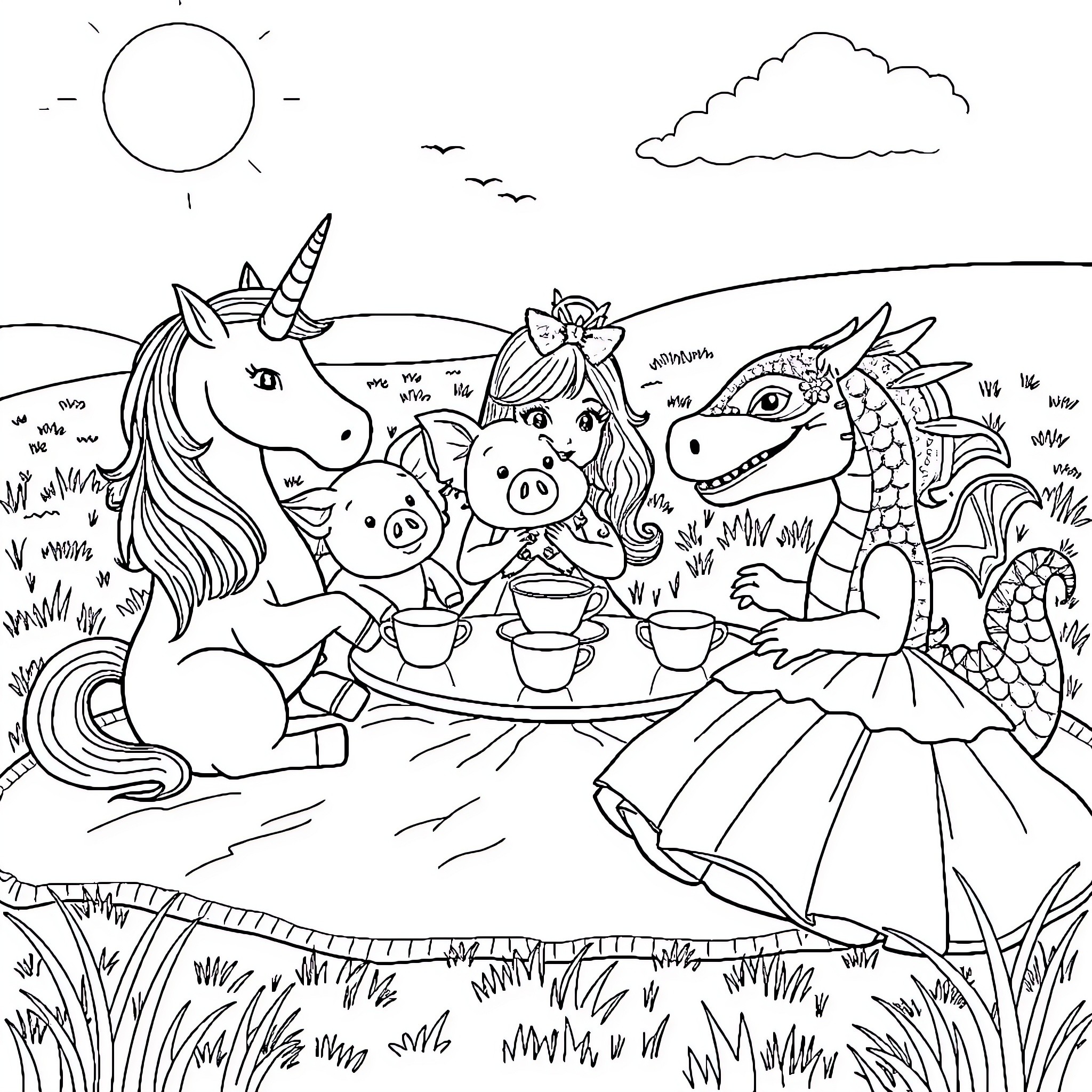 Unicorn Fairy's Tea Party with Woodland Creatures Coloring Page (free black-and-white line drawing printable PDF for all, from beginners to advanced learners, including children, teens, adults, and seniors)