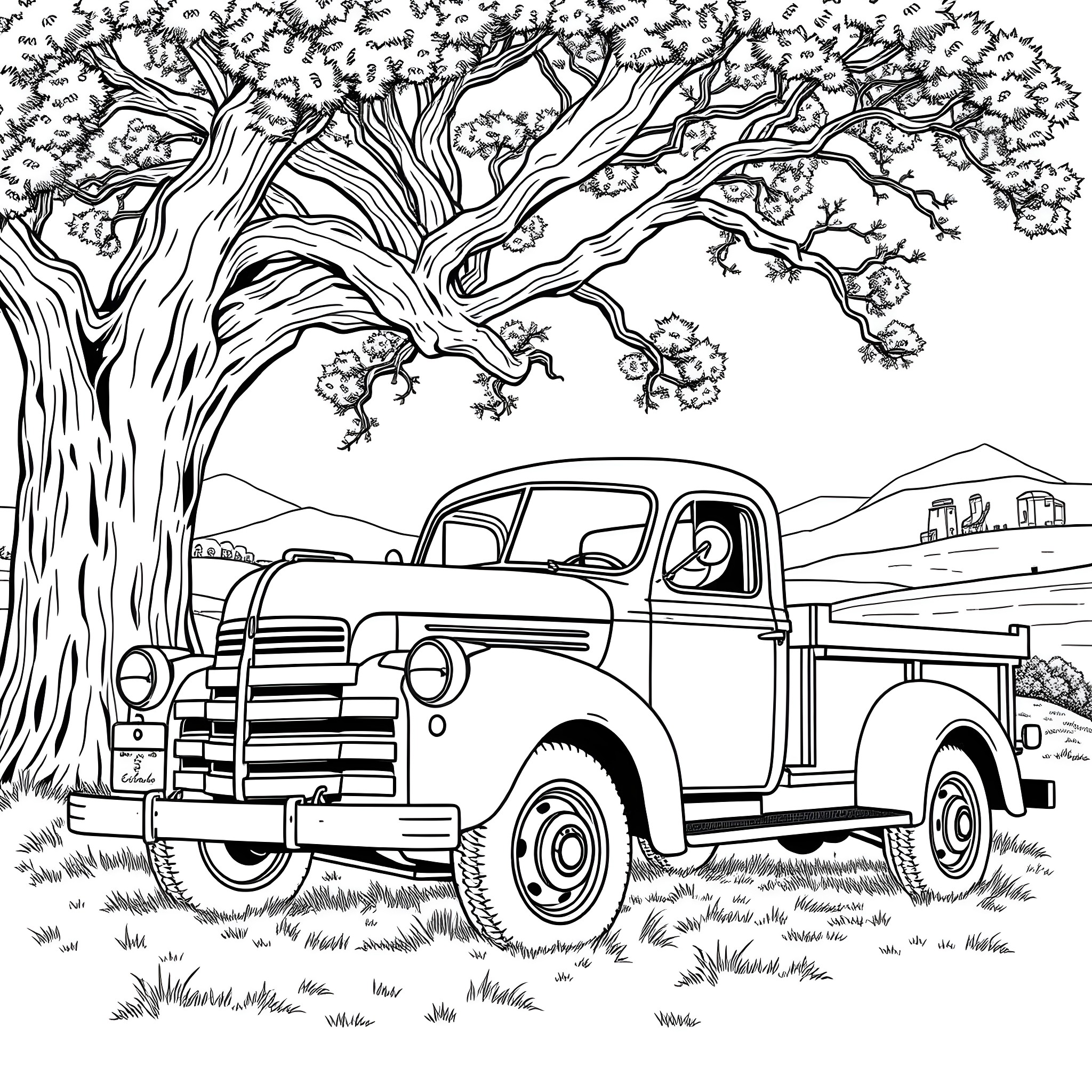 Truck parked beneath a blooming tree in a rural landscape Coloring Page (free black-and-white line drawing printable PDF for all, from beginners to advanced learners, including children, teens, adults, and seniors)