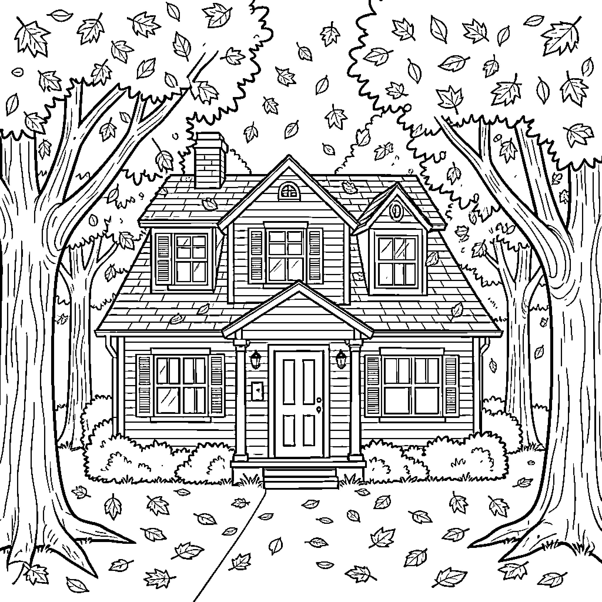 House surrounded by falling autumn leaves and trees Coloring Page (free black-and-white line drawing printable PDF for all, from beginners to advanced learners, including children, teens, adults, and seniors)