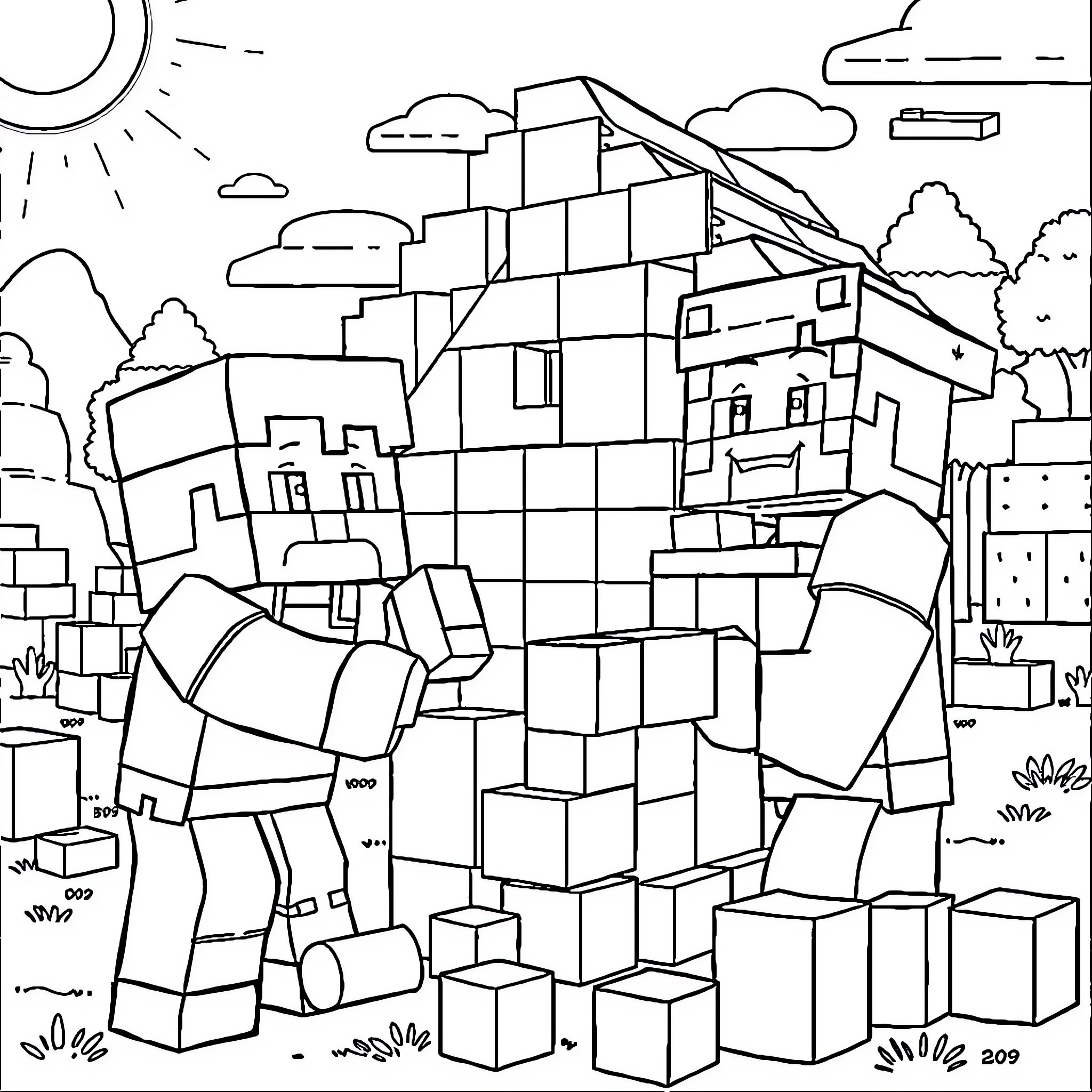 Steve's Cubic World Adventure Coloring Page (free black-and-white line drawing printable PDF for all, from beginners to advanced learners, including children, teens, adults, and seniors)