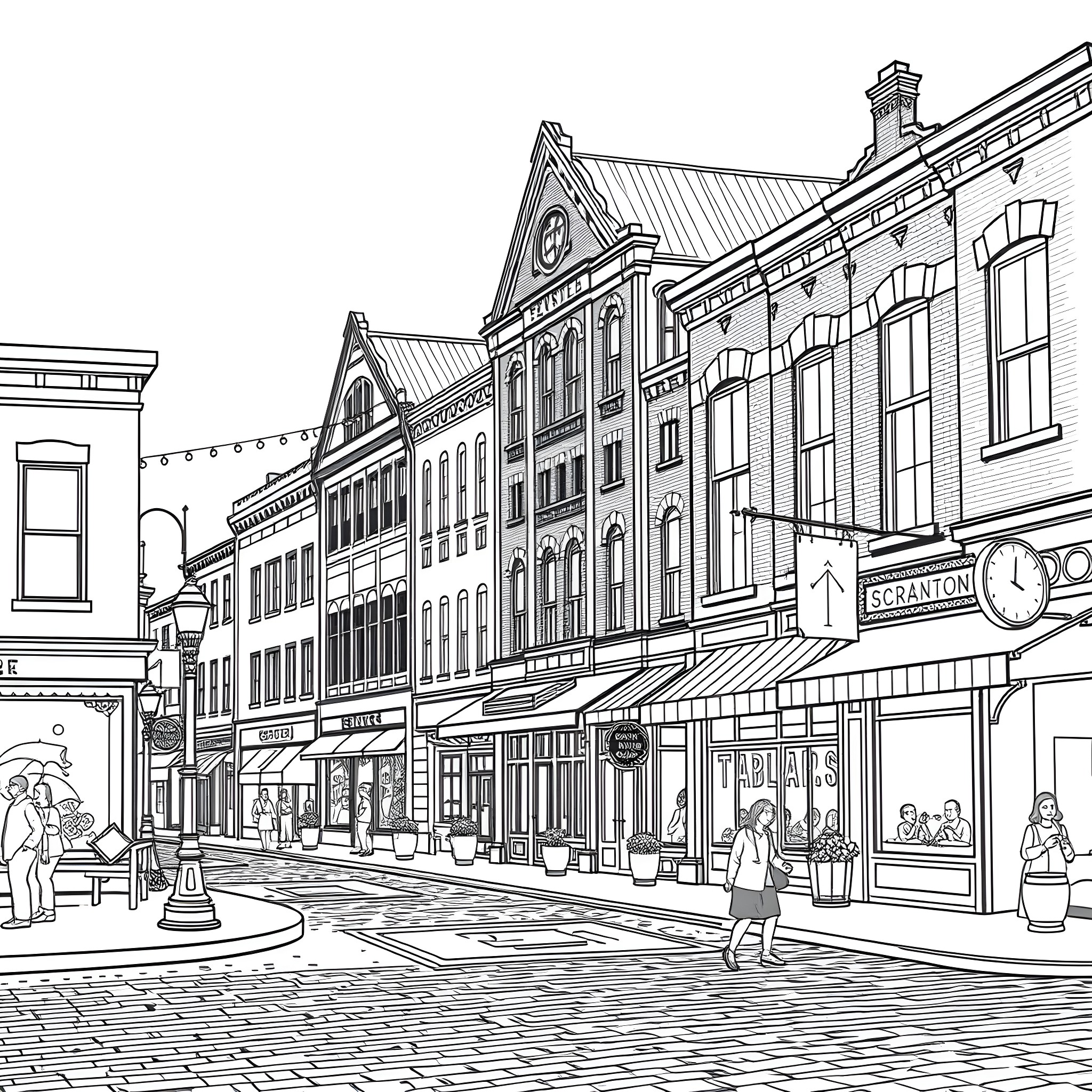 Scranton: A Bustling City Street Coloring Page (free black-and-white line drawing printable PDF for all, from beginners to advanced learners, including children, teens, adults, and seniors)