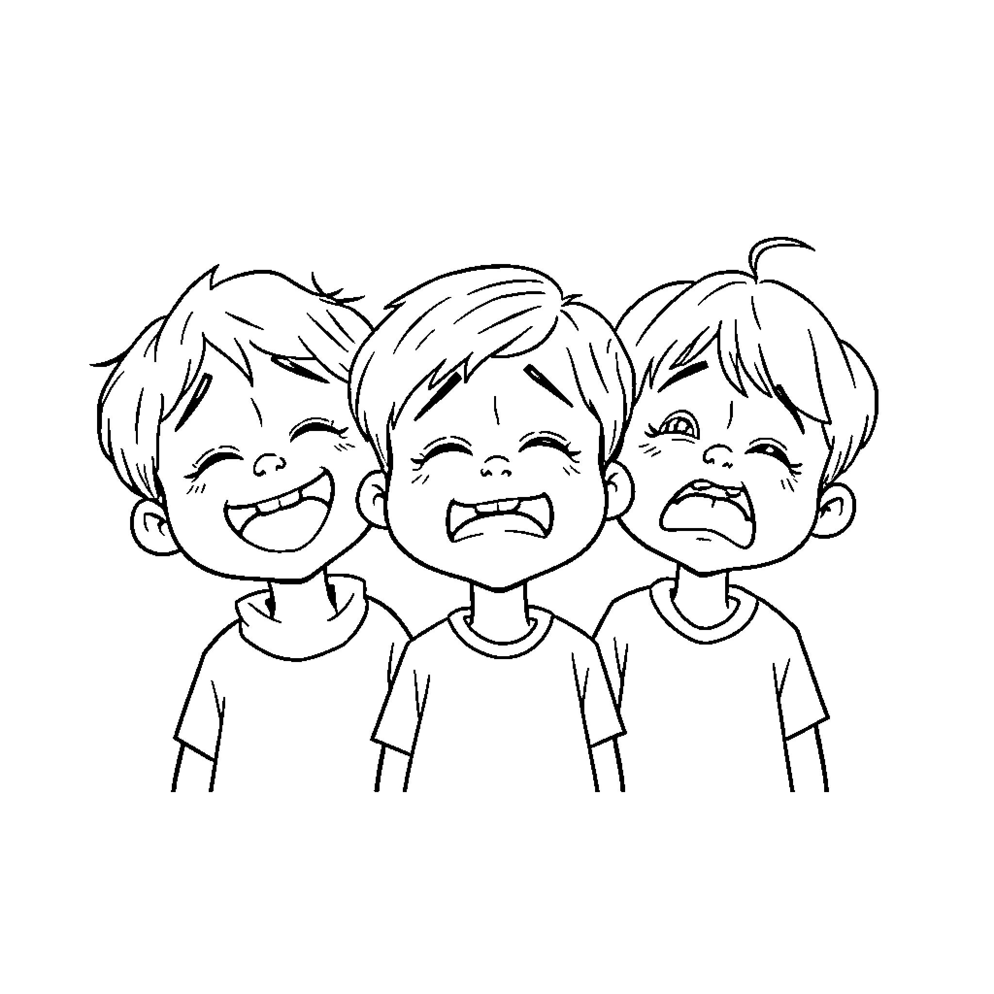 Emotion of Three Joyful Children Coloring Page (free black-and-white line drawing printable PDF for all, from beginners to advanced learners, including children, teens, adults, and seniors)