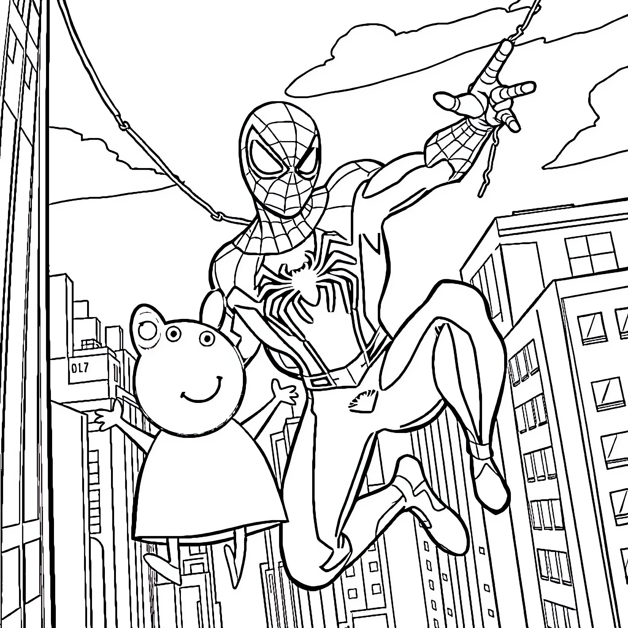 Spider-Man swinging through the city with a plush toy Coloring Page (free black-and-white line drawing printable PDF for all, from beginners to advanced learners, including children, teens, adults, and seniors)