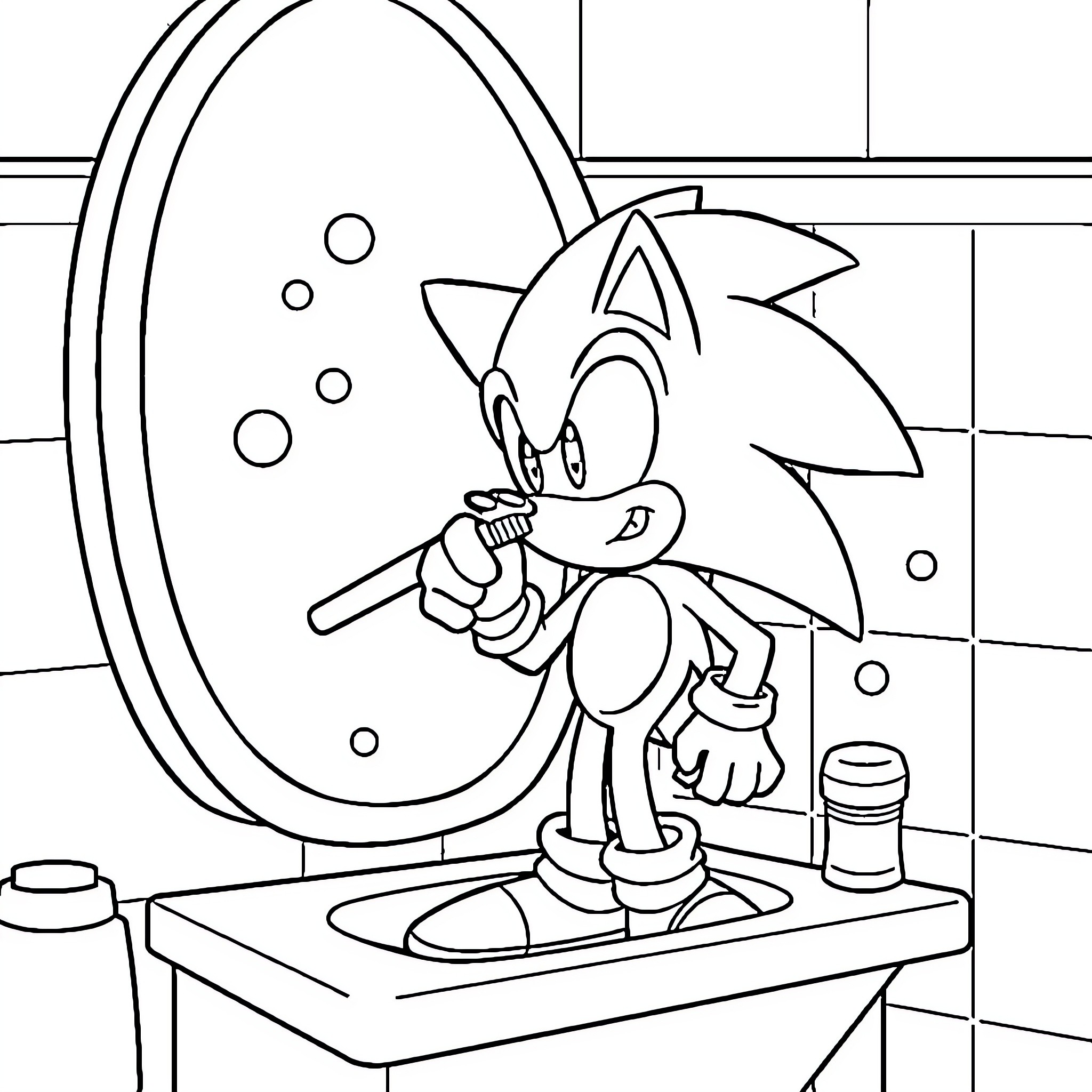 Sonic brushing his teeth in the bathroom Coloring Page (free black-and-white line drawing printable PDF for all, from beginners to advanced learners, including children, teens, adults, and seniors)