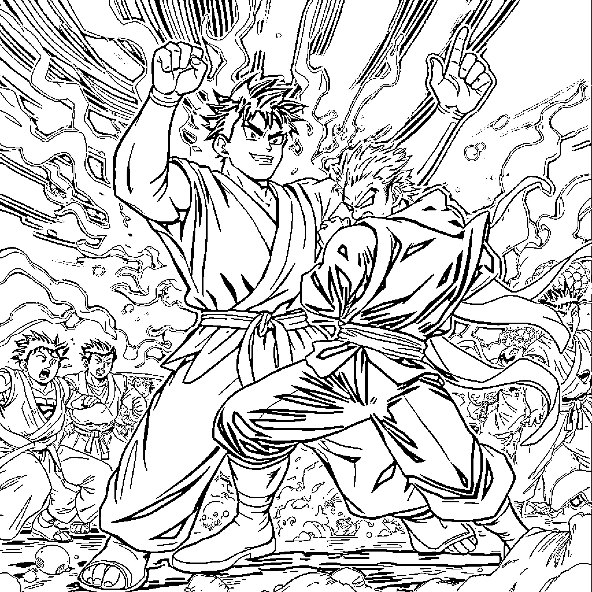 Toshi's Energetic Martial Arts Demonstration Coloring Page (free black-and-white line drawing printable PDF for all, from beginners to advanced learners, including children, teens, adults, and seniors)