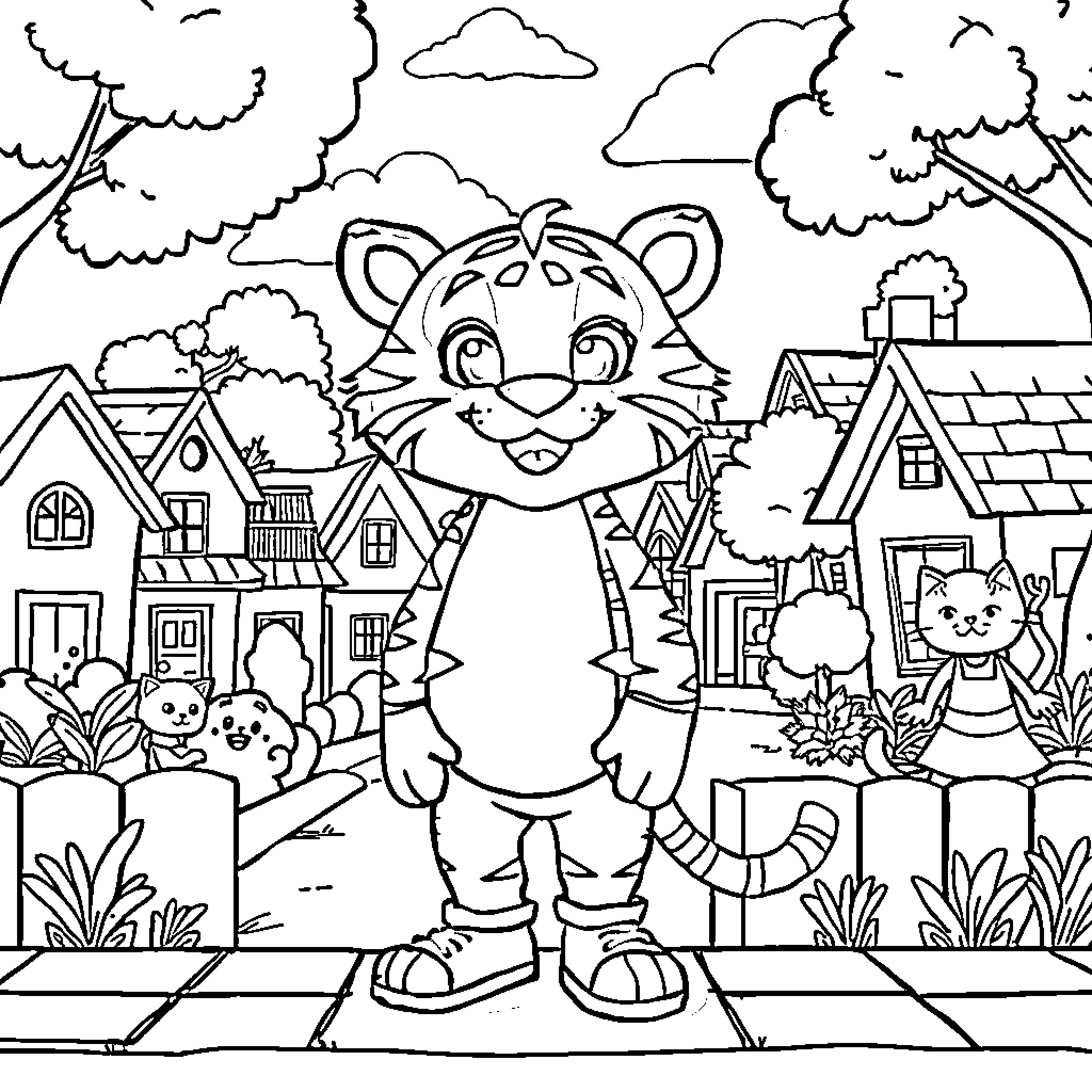 Daniel Tiger exploring a cozy neighborhood Coloring Page (free black-and-white line drawing printable PDF for all, from beginners to advanced learners, including children, teens, adults, and seniors)