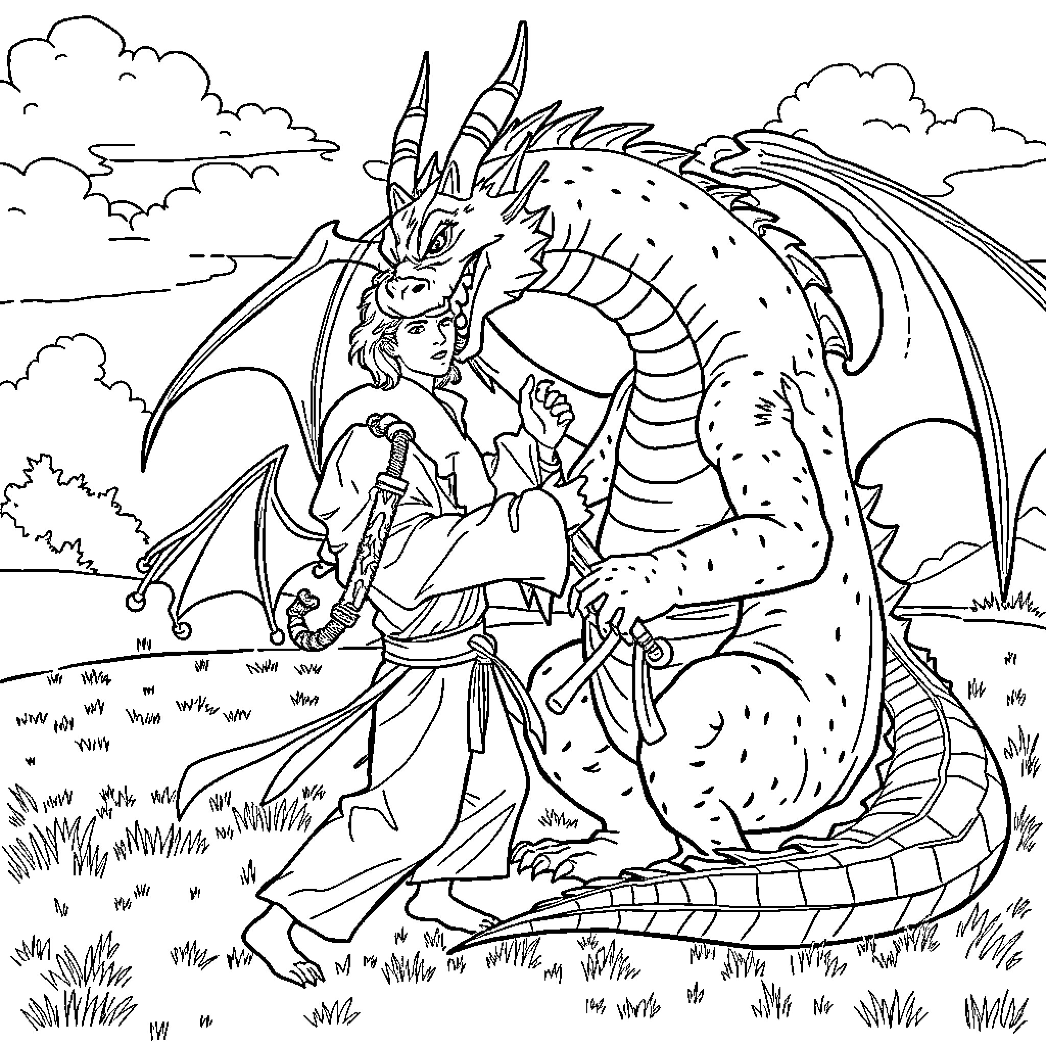 Dragon warrior confronts a mighty dragon Coloring Page (free black-and-white line drawing printable PDF for all, from beginners to advanced learners, including children, teens, adults, and seniors)