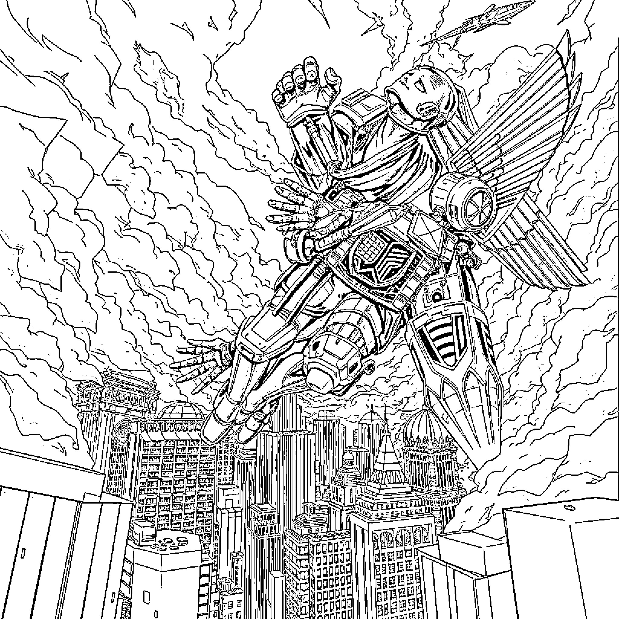 Attack on Titan: Colossal Titan Rampaging Through City Coloring Page (free black-and-white line drawing printable PDF for all, from beginners to advanced learners, including children, teens, adults, and seniors)