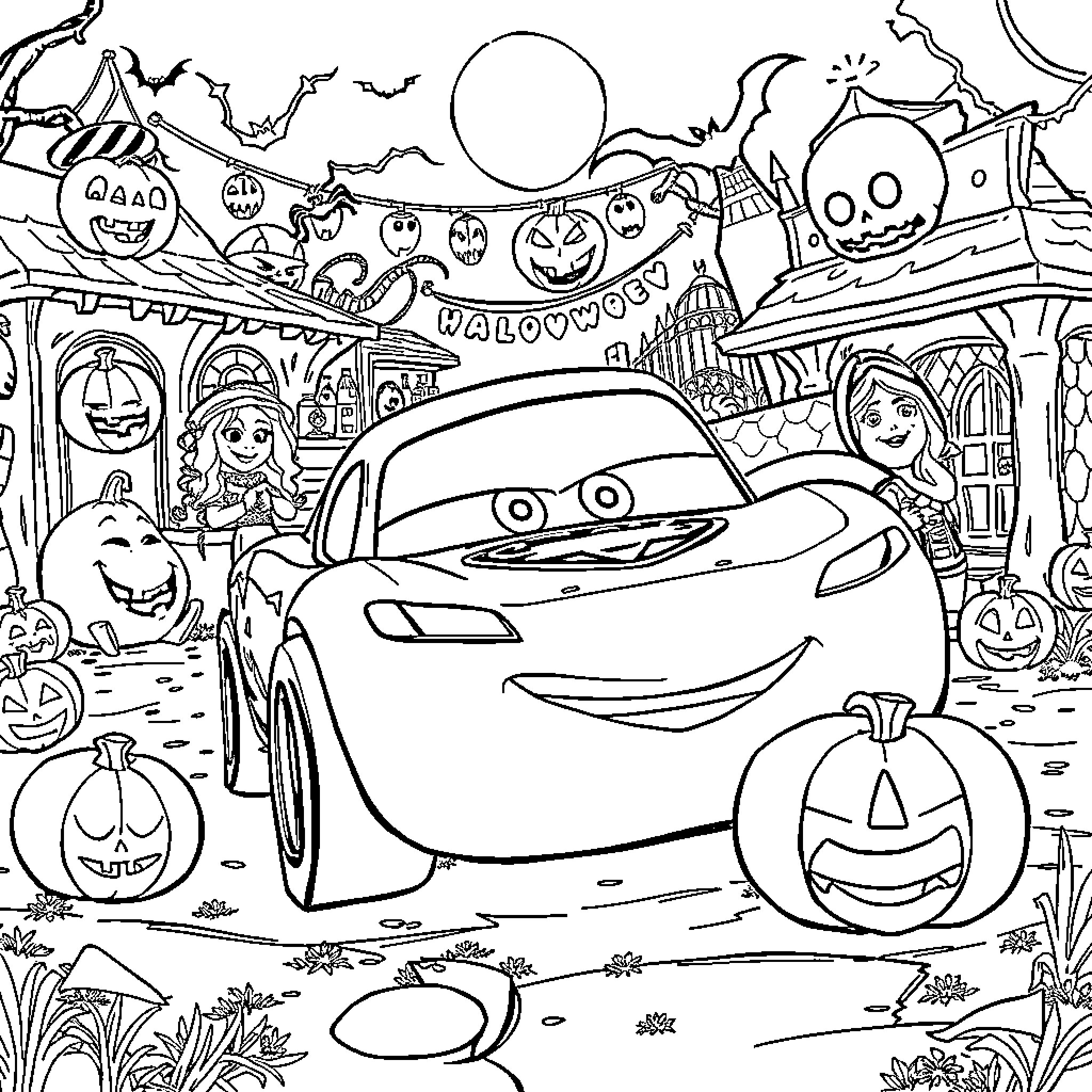 Lightning McQueen celebrates Halloween with friends and pumpkins Coloring Page (free black-and-white line drawing printable PDF for all, from beginners to advanced learners, including children, teens, adults, and seniors)