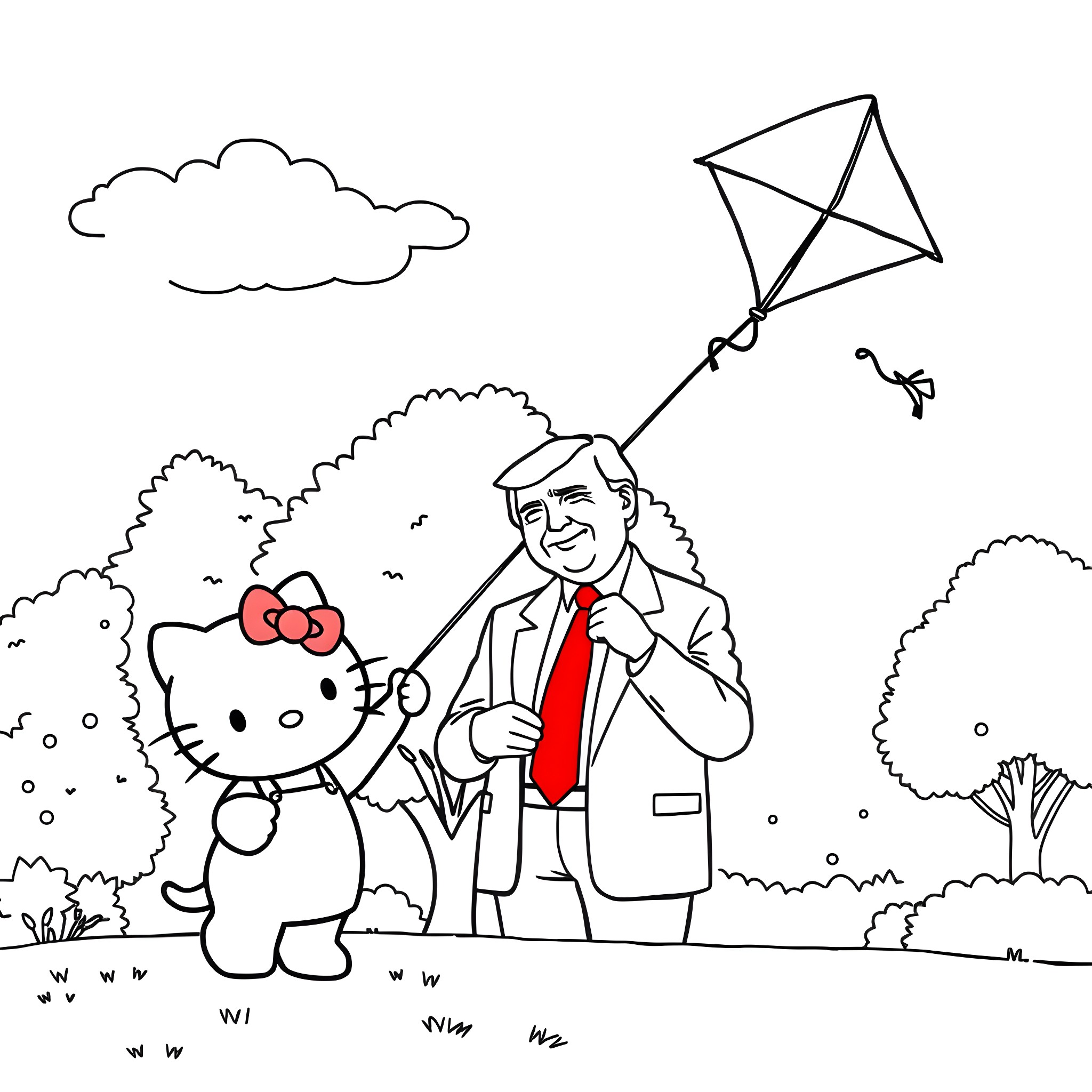 Hello Kitty enjoying kite flying with businessman Coloring Page (free black-and-white line drawing printable PDF for all, from beginners to advanced learners, including children, teens, adults, and seniors)