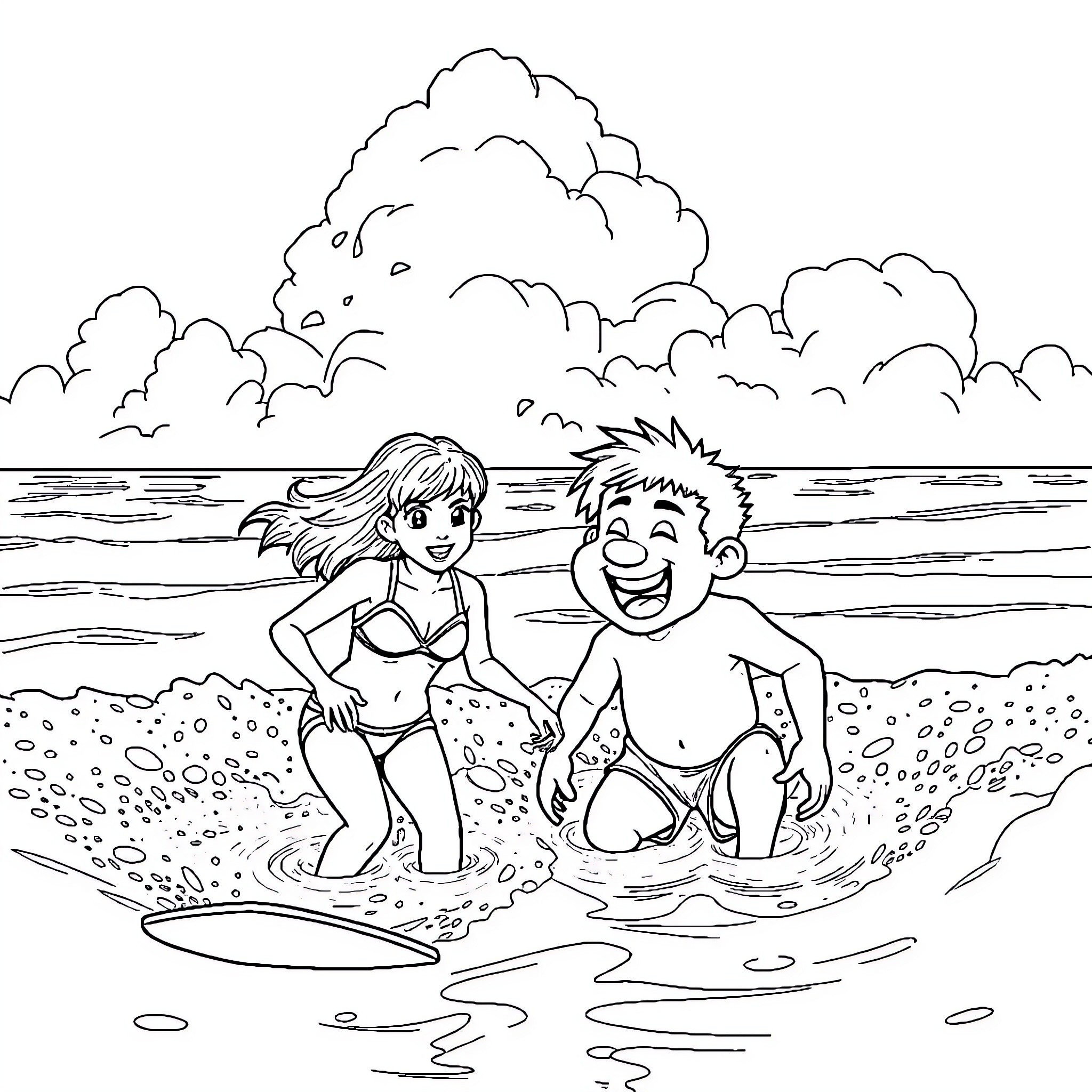 Joven disfrutando de un día de playa con amigos Coloring Page (free black-and-white line drawing printable PDF for all, from beginners to advanced learners, including children, teens, adults, and seniors)