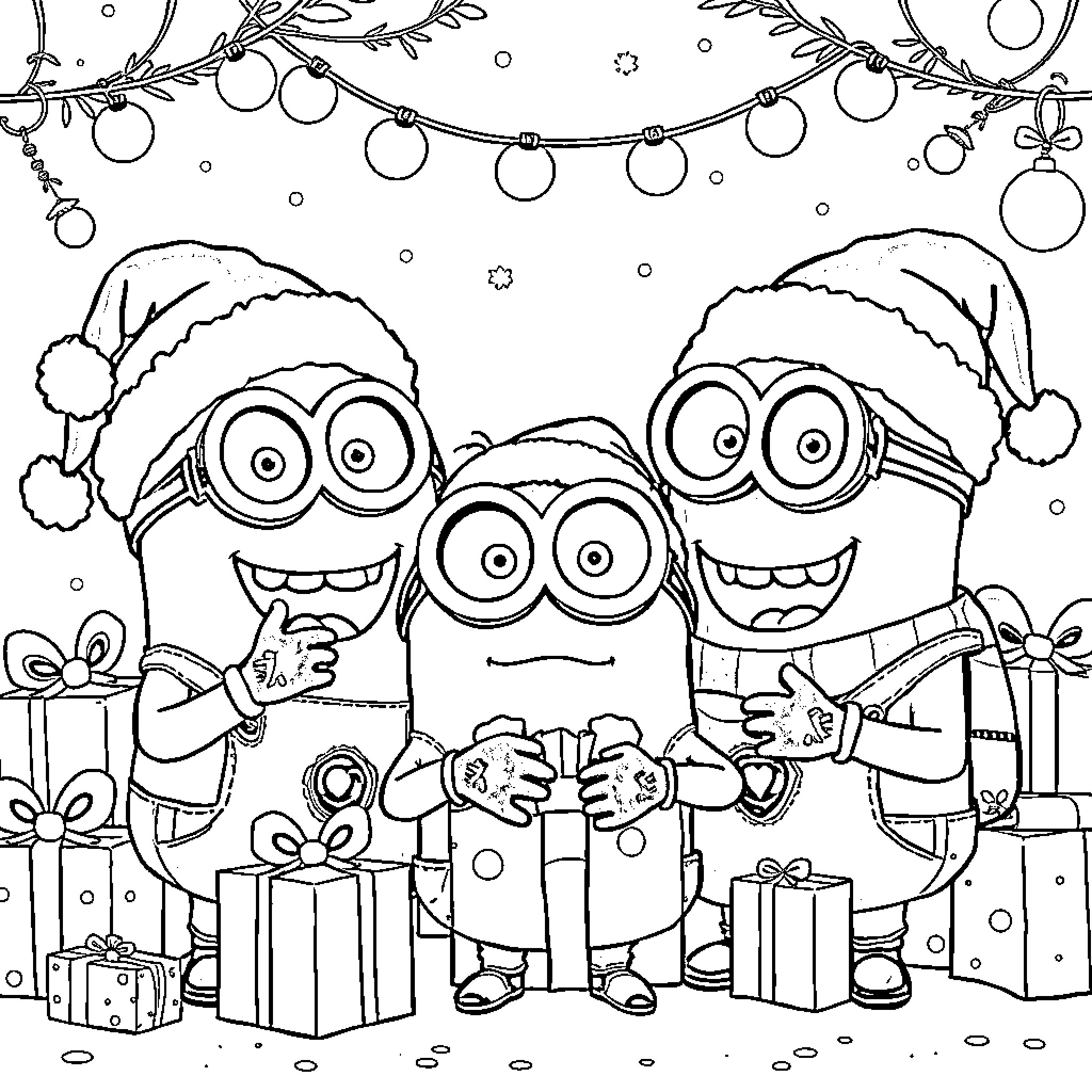 Minions celebrating Christmas with gifts and decorations Coloring Page (free black-and-white line drawing printable PDF for all, from beginners to advanced learners, including children, teens, adults, and seniors)