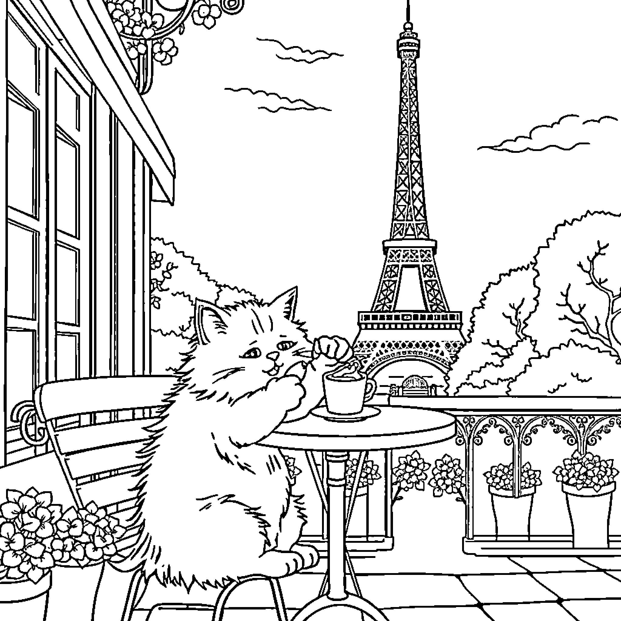 Cat Enjoying a Cafe View of the Eiffel Tower Coloring Page (free black-and-white line drawing printable PDF for all, from beginners to advanced learners, including children, teens, adults, and seniors)