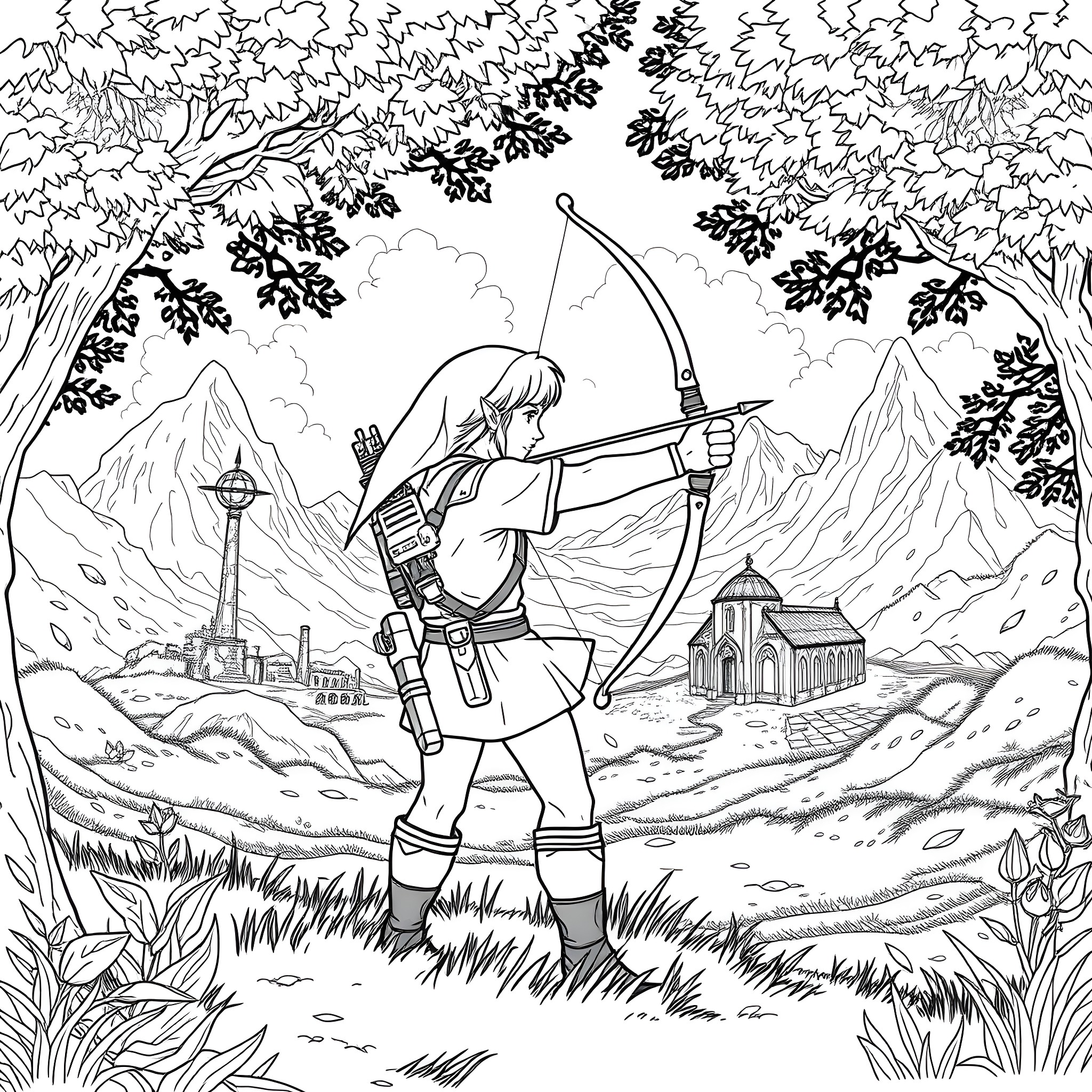 Link Adventuring Through the Woodland Landscape Coloring Page (free black-and-white line drawing printable PDF for all, from beginners to advanced learners, including children, teens, adults, and seniors)