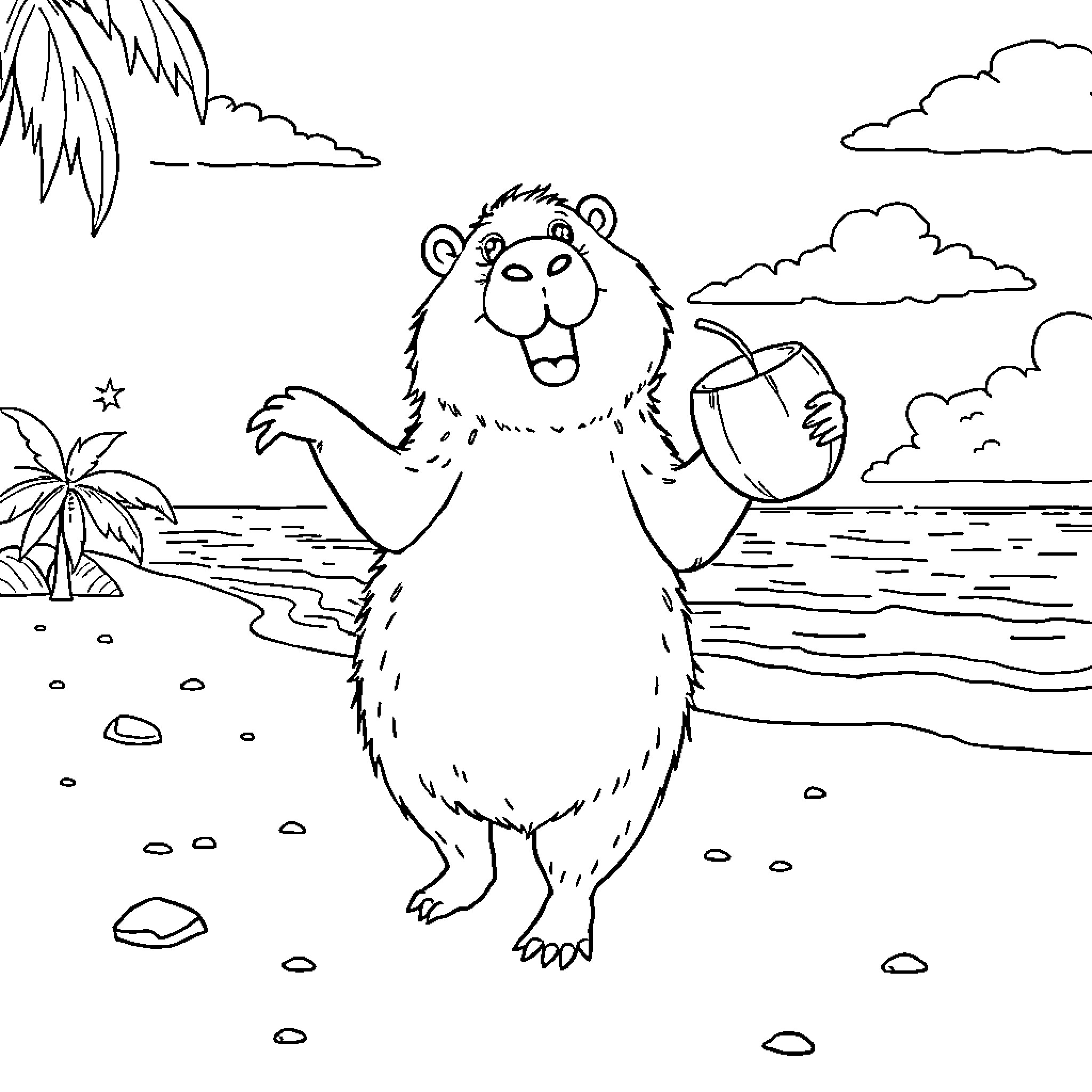 Capybara enjoying a day at the beach Coloring Page (free black-and-white line drawing printable PDF for all, from beginners to advanced learners, including children, teens, adults, and seniors)