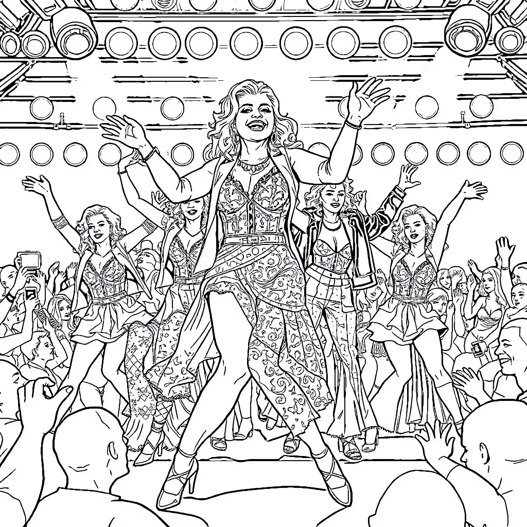 Madonna Performing on Stage with Backup Dancers Coloring Page (free black-and-white line drawing printable PDF for all, from beginners to advanced learners, including children, teens, adults, and seniors)