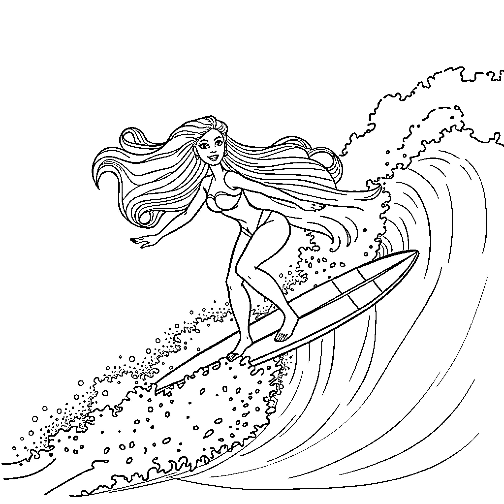 Barbie surfing on the waves Coloring Page (free black-and-white line drawing printable PDF for all, from beginners to advanced learners, including children, teens, adults, and seniors)