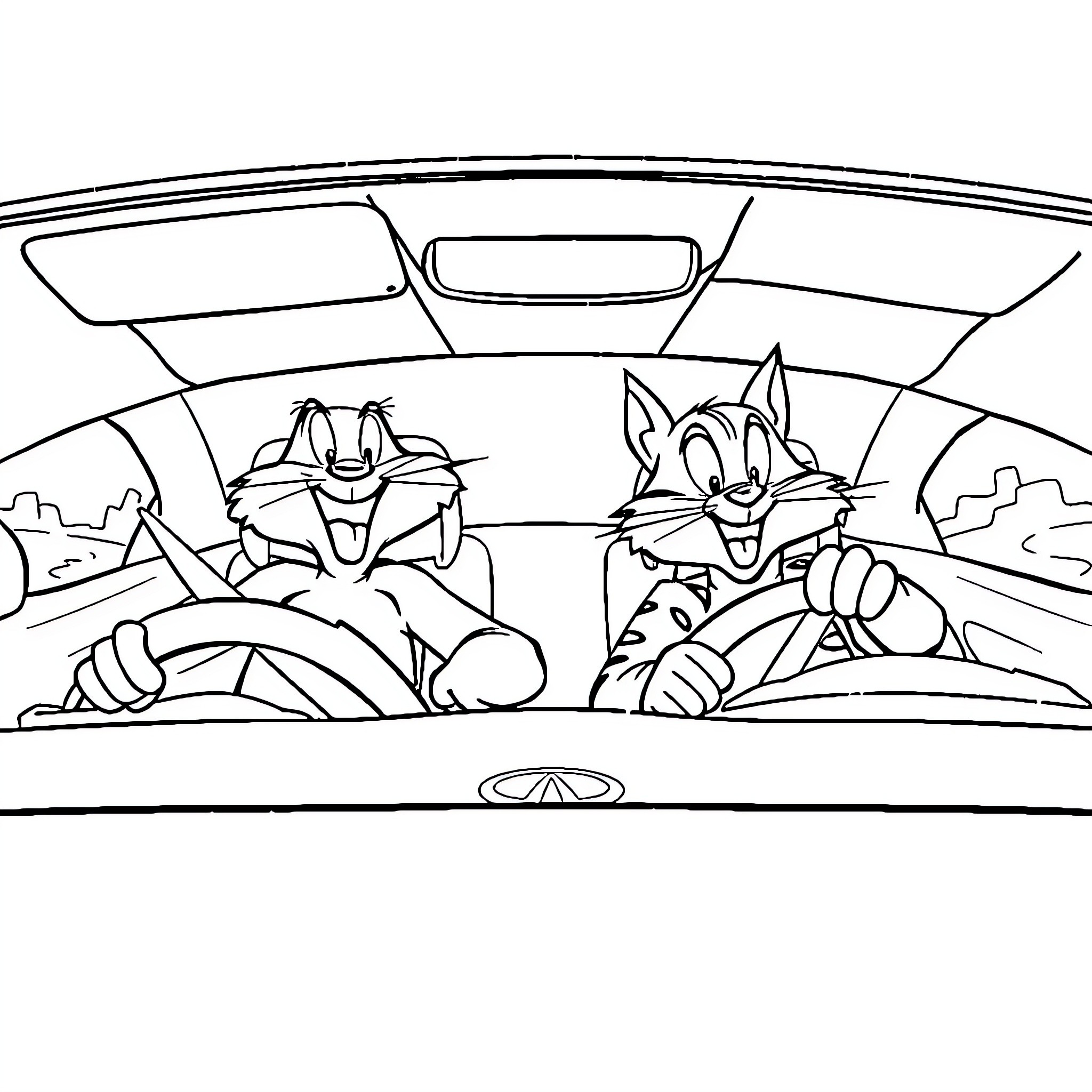Calvin and Jerry's Mischievous Driving Adventure Coloring Page (free black-and-white line drawing printable PDF for all, from beginners to advanced learners, including children, teens, adults, and seniors)