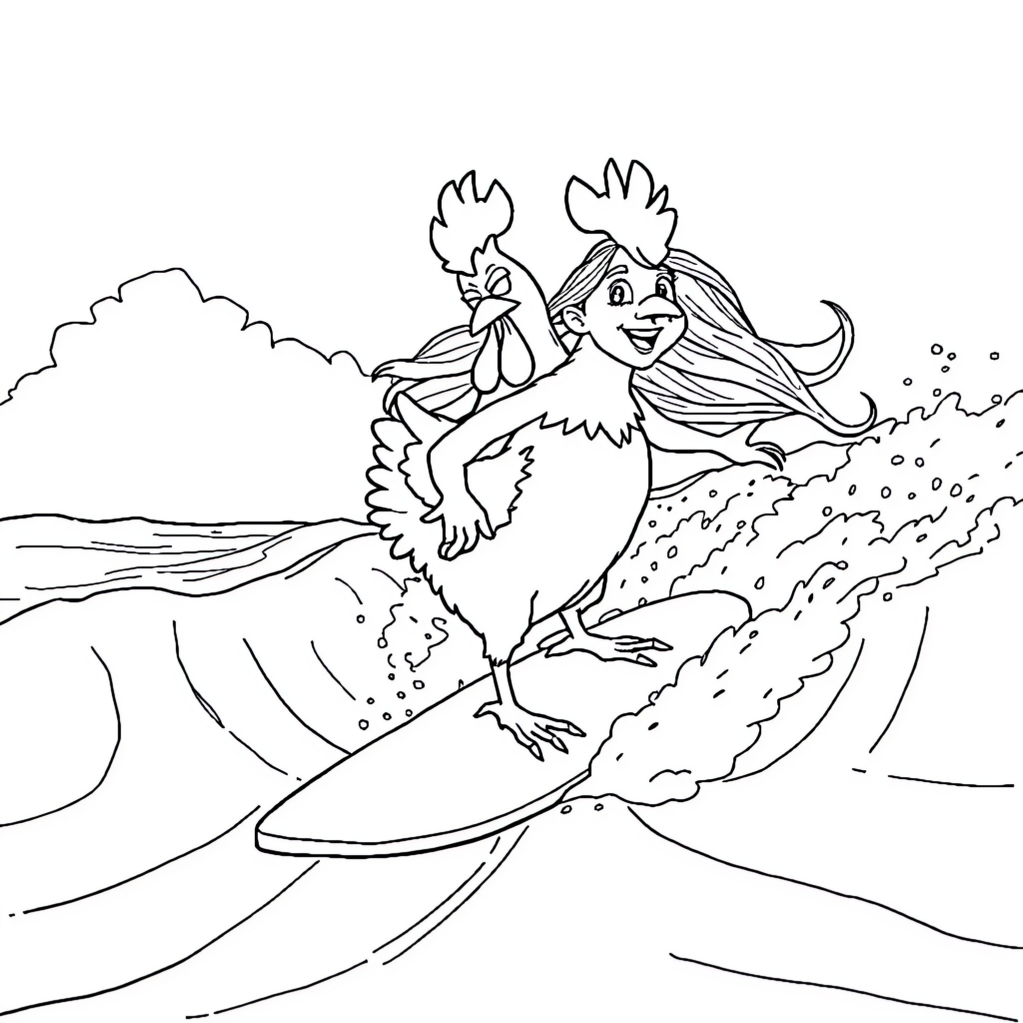 Chiken Joe riding a surfboard with a happy expression Coloring Page (free black-and-white line drawing printable PDF for all, from beginners to advanced learners, including children, teens, adults, and seniors)