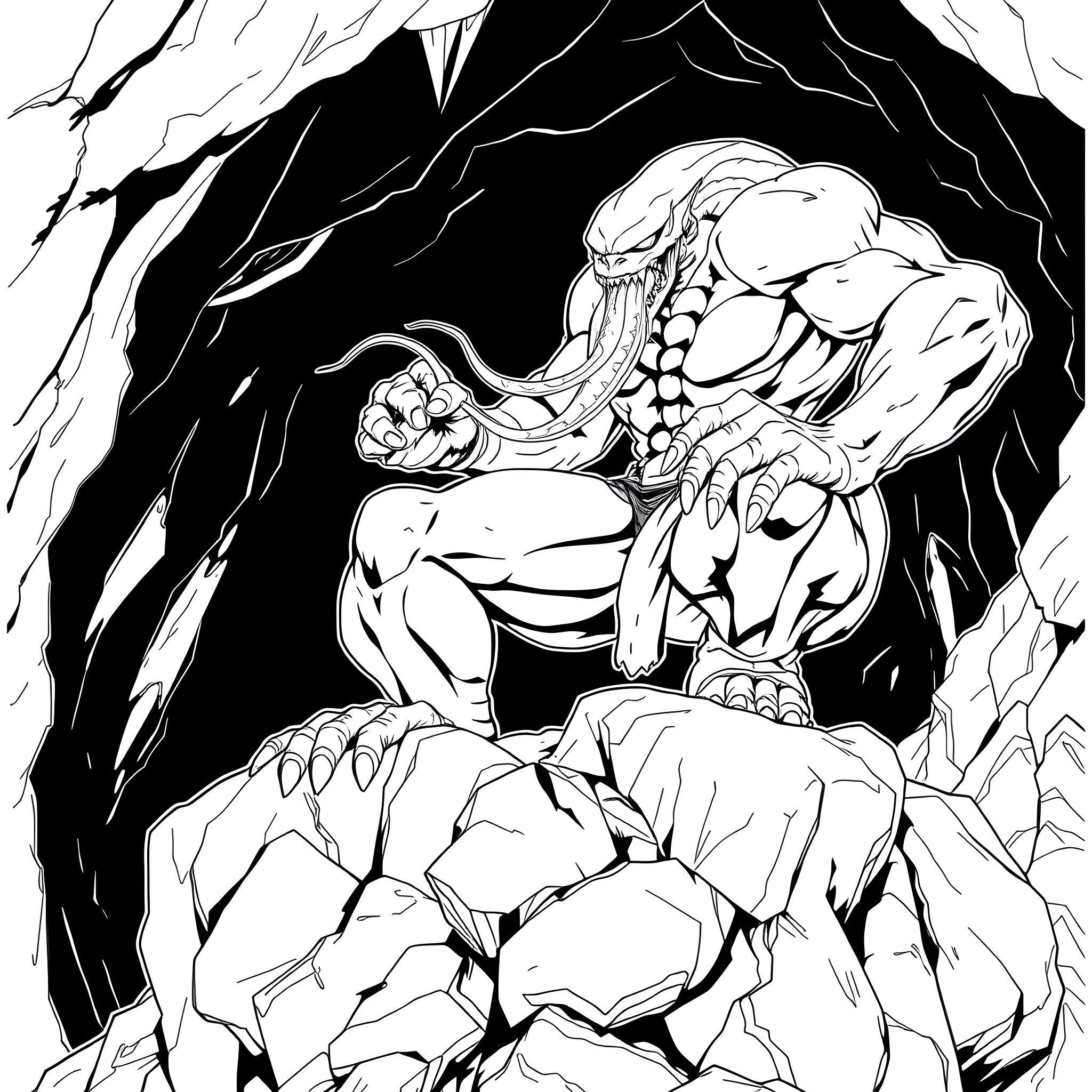 Venom Ripping through the Dark Abyss Coloring Page (free black-and-white line drawing printable PDF for all, from beginners to advanced learners, including children, teens, adults, and seniors)