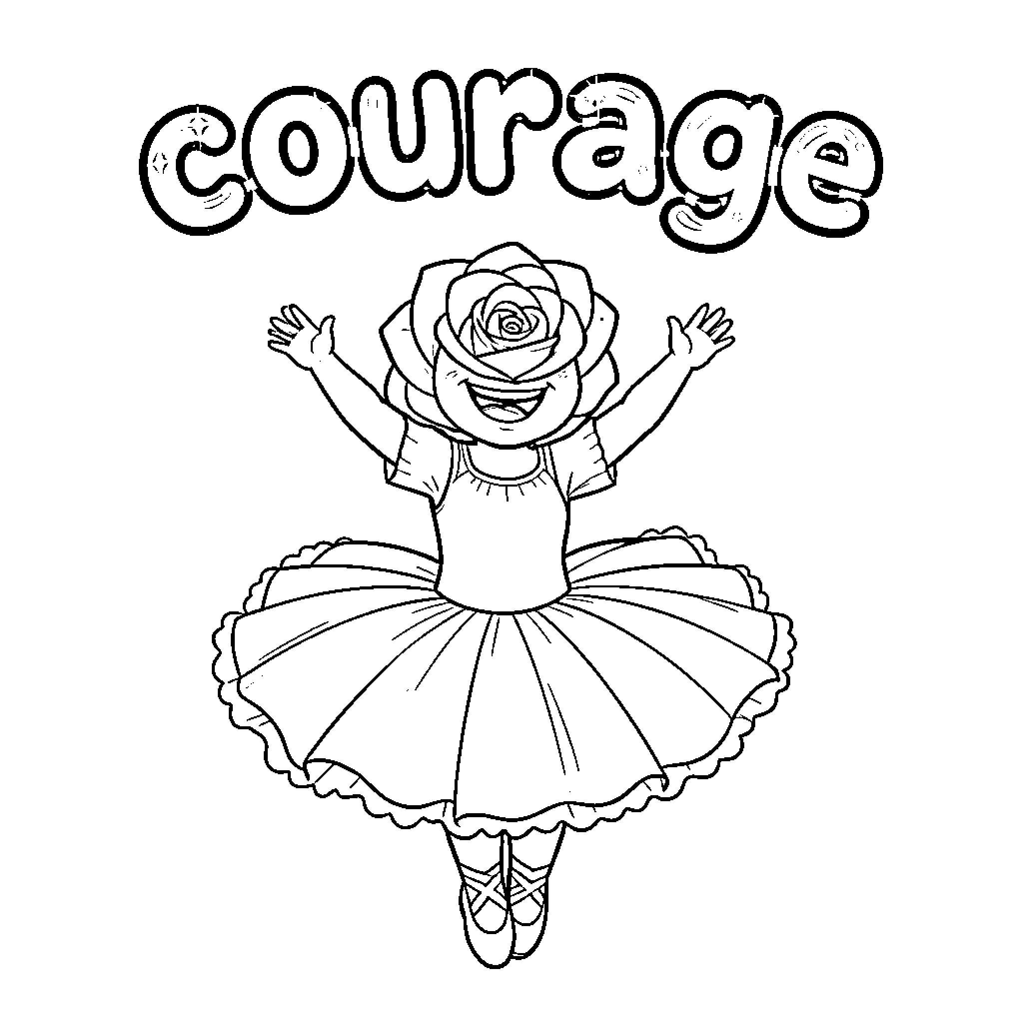 Flamingo ballerina spreading joy and courage Coloring Page (free black-and-white line drawing printable PDF for all, from beginners to advanced learners, including children, teens, adults, and seniors)