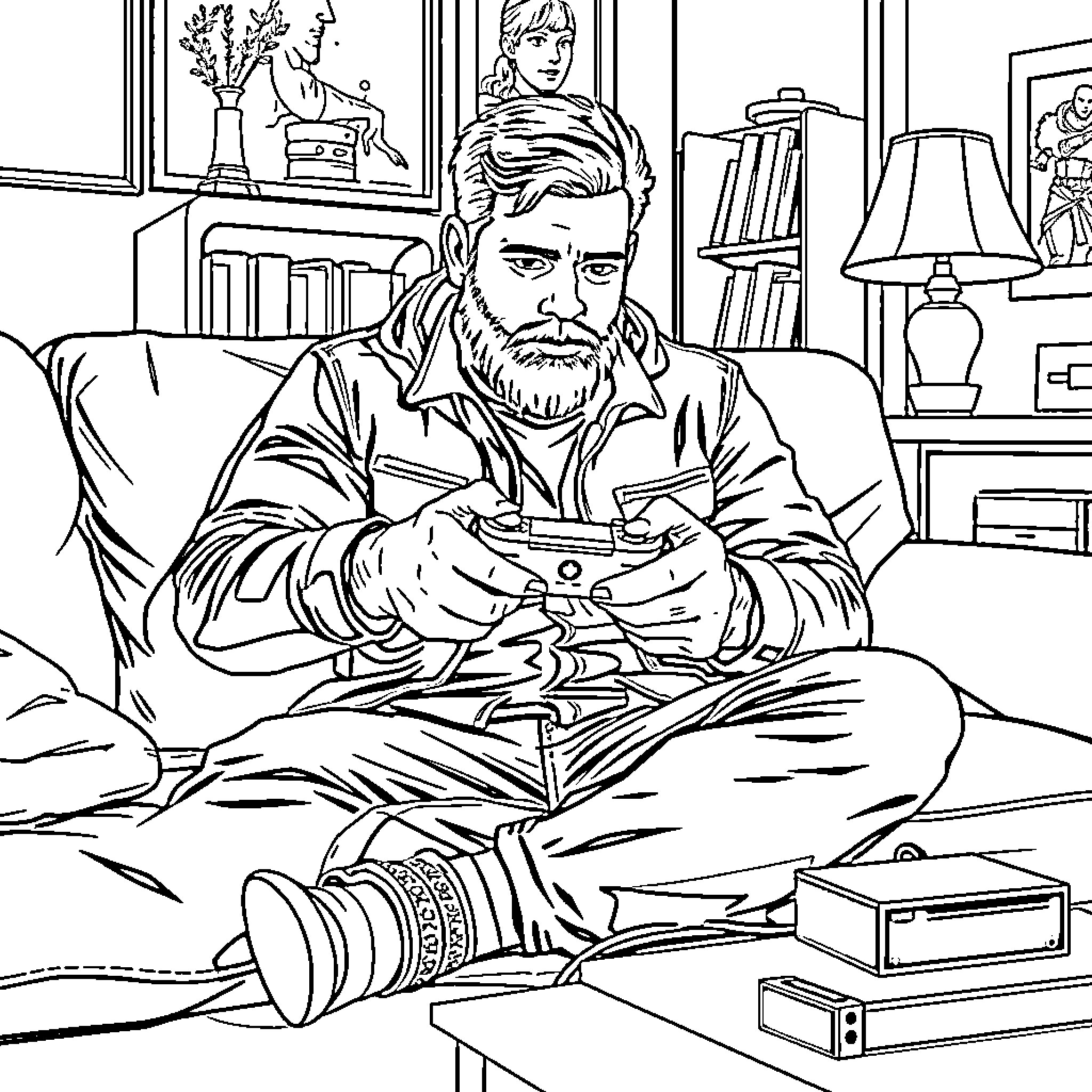 Arthur Morgan contemplating his next move Coloring Page (free black-and-white line drawing printable PDF for all, from beginners to advanced learners, including children, teens, adults, and seniors)