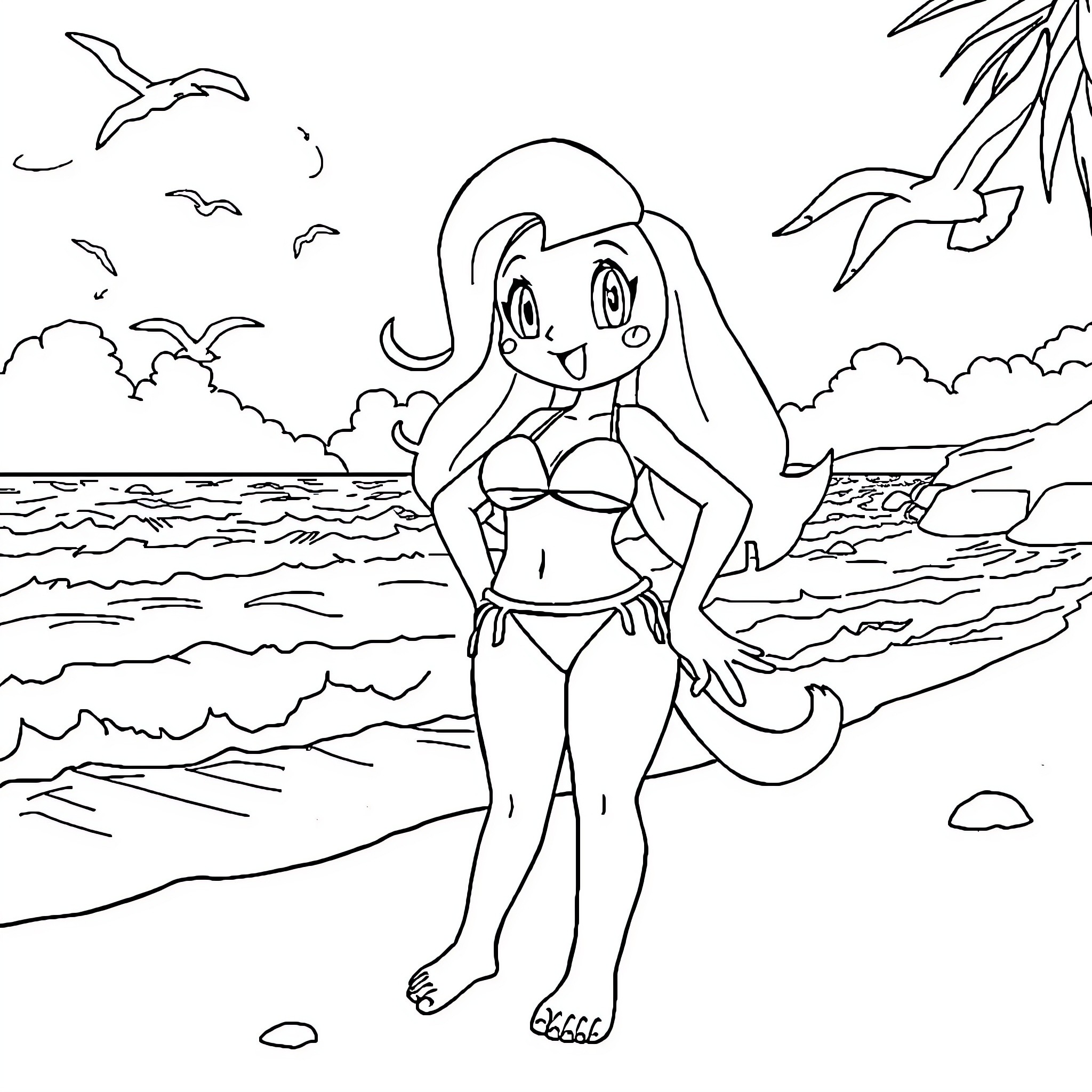 Misty mermaid frolics on the shore Coloring Page (free black-and-white line drawing printable PDF for all, from beginners to advanced learners, including children, teens, adults, and seniors)