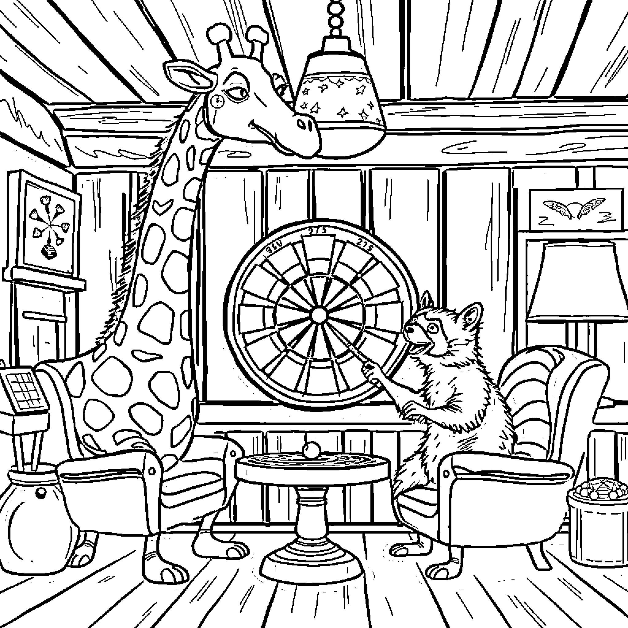 Giraffe enjoying a cozy indoor setting with a cat Coloring Page (free black-and-white line drawing printable PDF for all, from beginners to advanced learners, including children, teens, adults, and seniors)