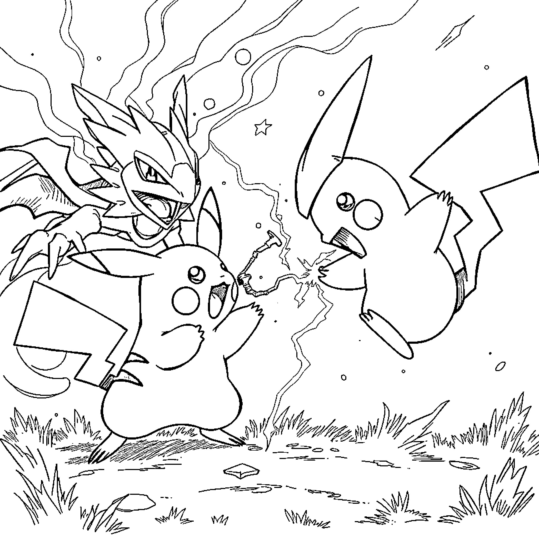 Pikachu in a fierce battle with another Pikachu Coloring Page (free black-and-white line drawing printable PDF for all, from beginners to advanced learners, including children, teens, adults, and seniors)