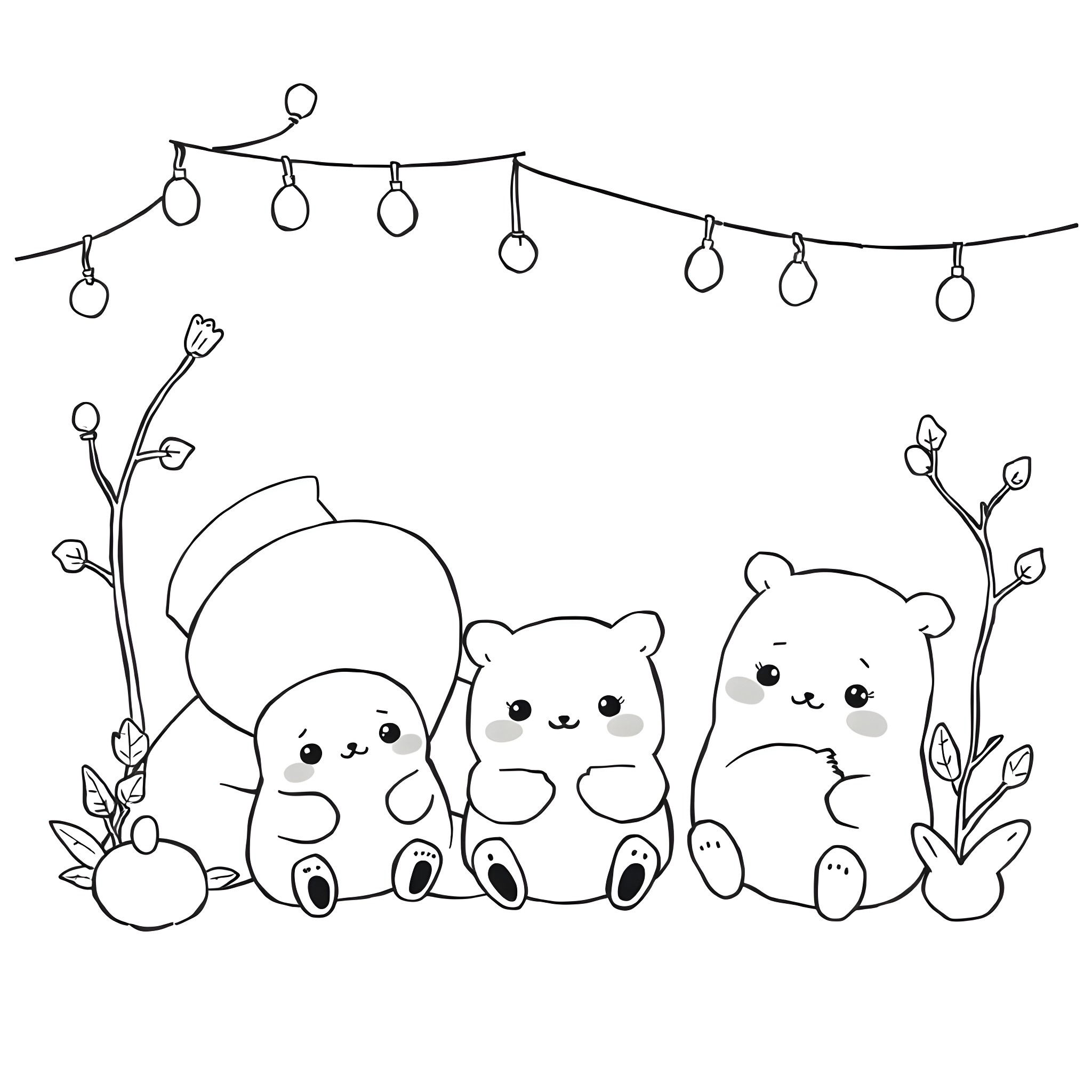 Kawaii Plush Animals in Cozy Scene Coloring Page (free black-and-white line drawing printable PDF for all, from beginners to advanced learners, including children, teens, adults, and seniors)