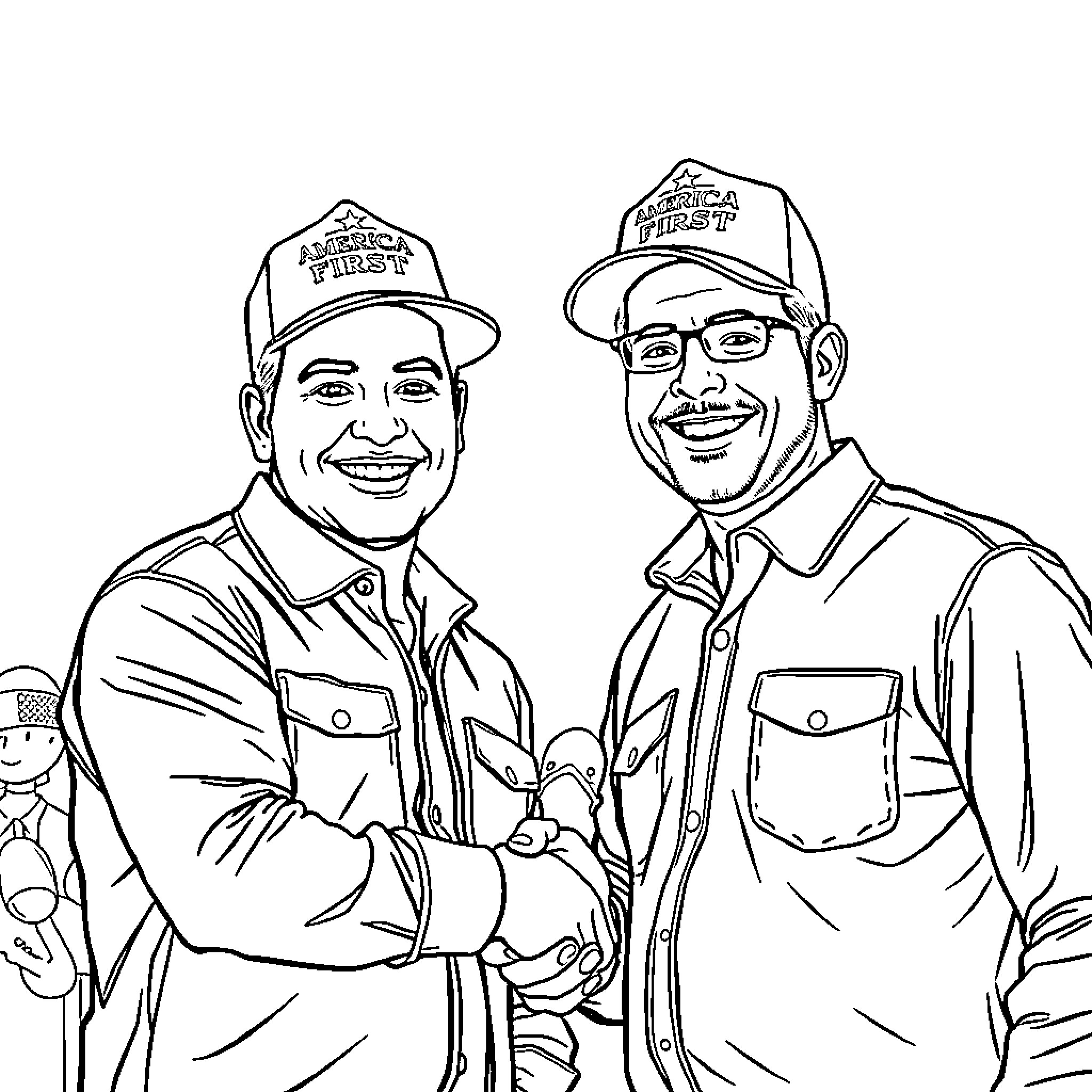 Nick Fuentes Shaking Hands with Another Man in Casual Attire Coloring Page (free black-and-white line drawing printable PDF for all, from beginners to advanced learners, including children, teens, adults, and seniors)