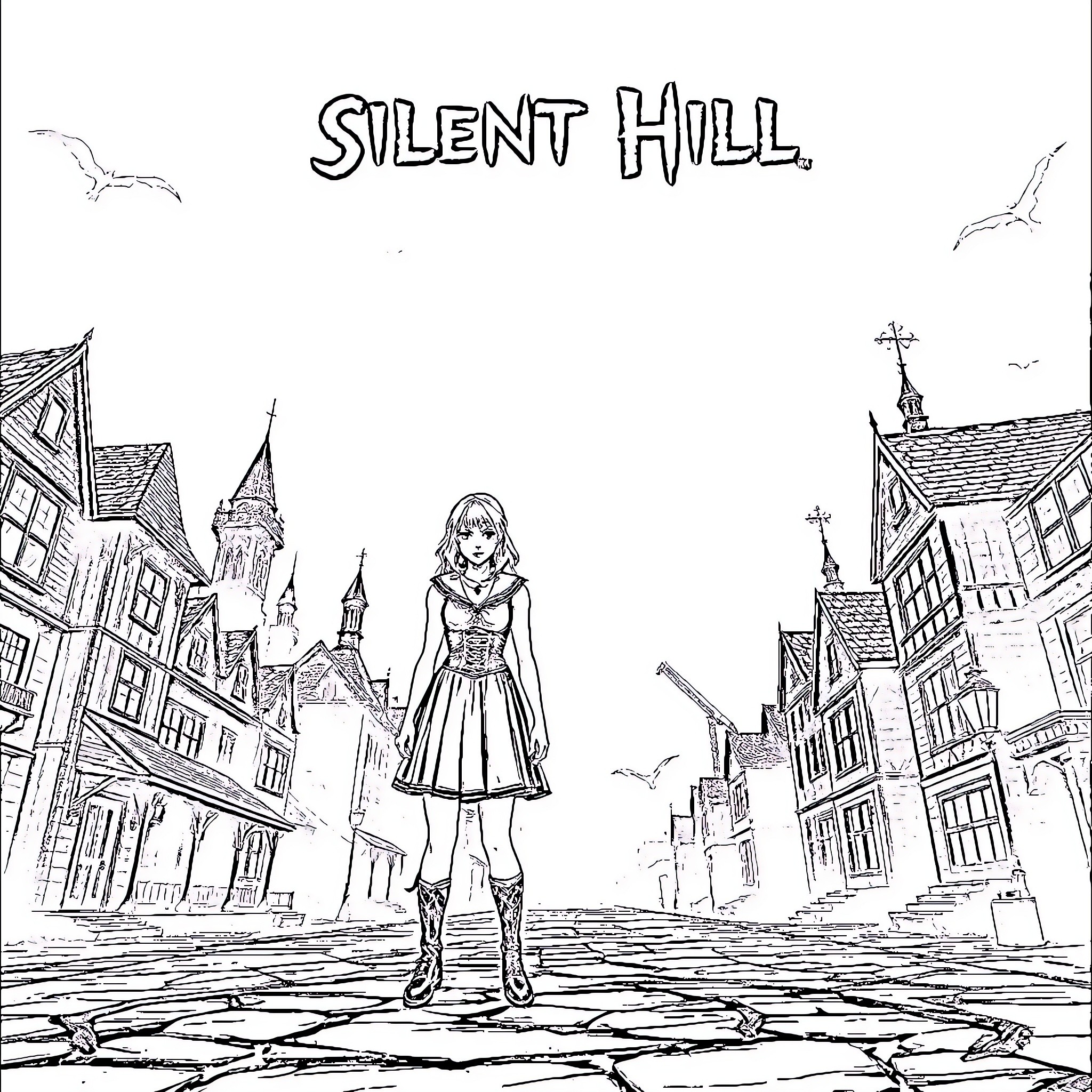 Mary exploring the mysterious Silent Hill town Coloring Page (free black-and-white line drawing printable PDF for all, from beginners to advanced learners, including children, teens, adults, and seniors)
