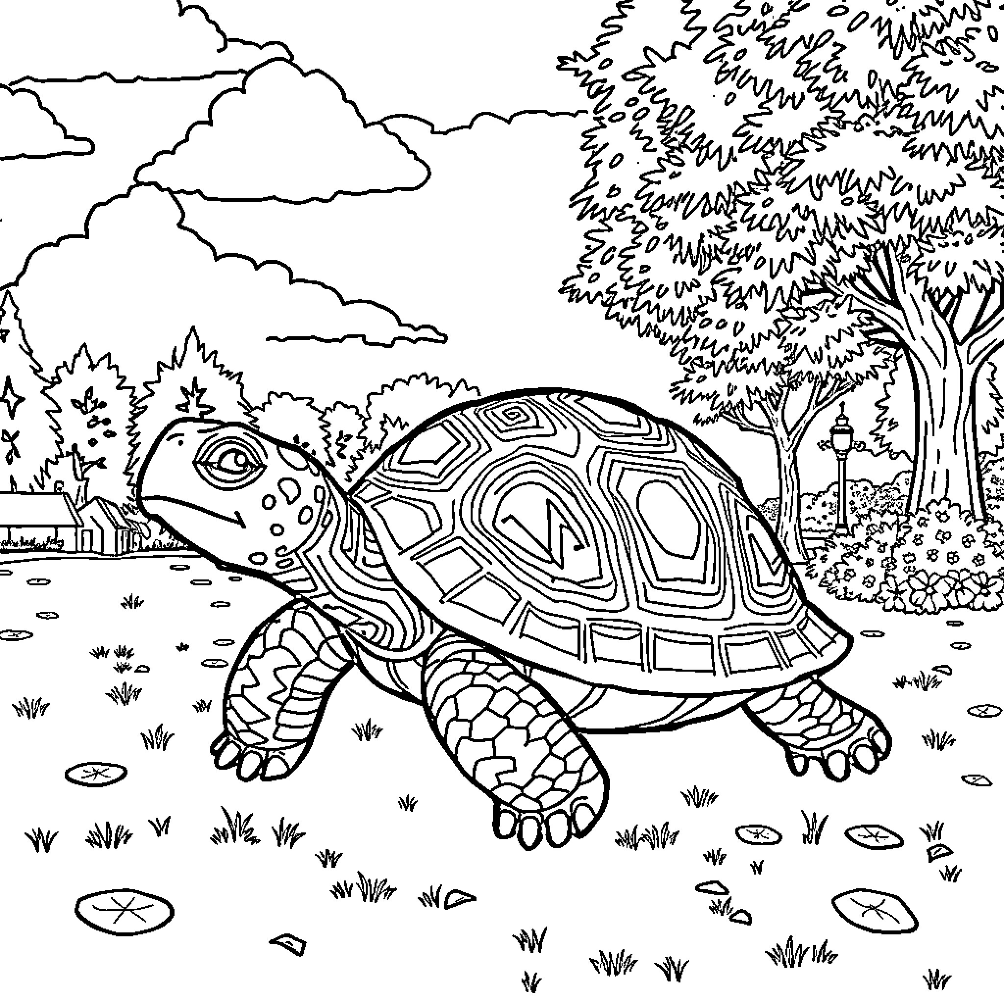 Turtle exploring the nature scene Coloring Page (free black-and-white line drawing printable PDF for all, from beginners to advanced learners, including children, teens, adults, and seniors)
