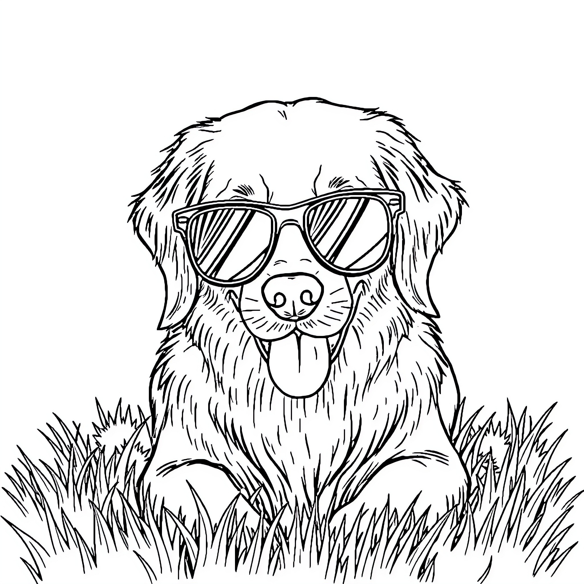 Golden Retriever wearing sunglasses in the grass Coloring Page (free black-and-white line drawing printable PDF for all, from beginners to advanced learners, including children, teens, adults, and seniors)