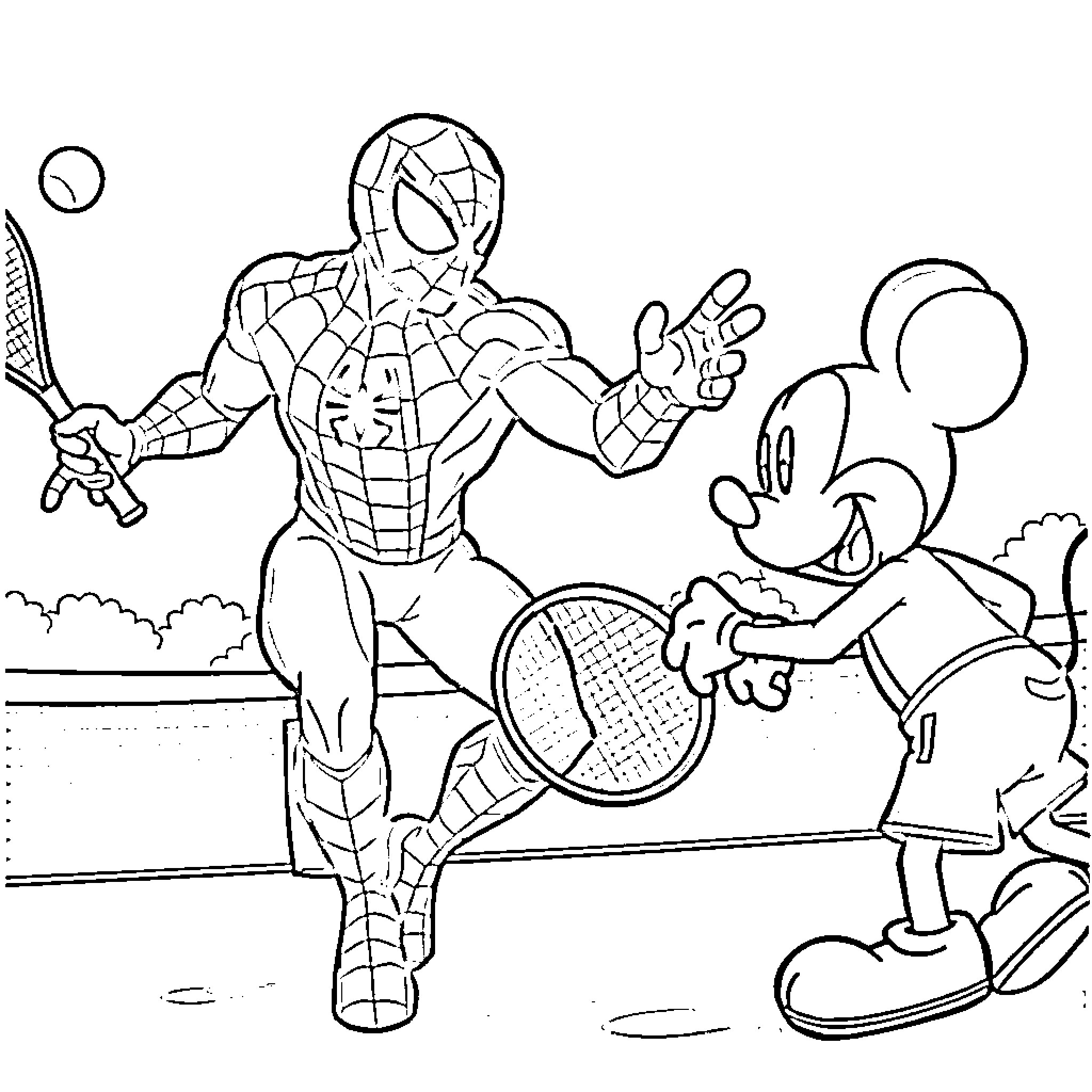 Spiderman and Mickey Mouse playing tennis together Coloring Page (free black-and-white line drawing printable PDF for all, from beginners to advanced learners, including children, teens, adults, and seniors)