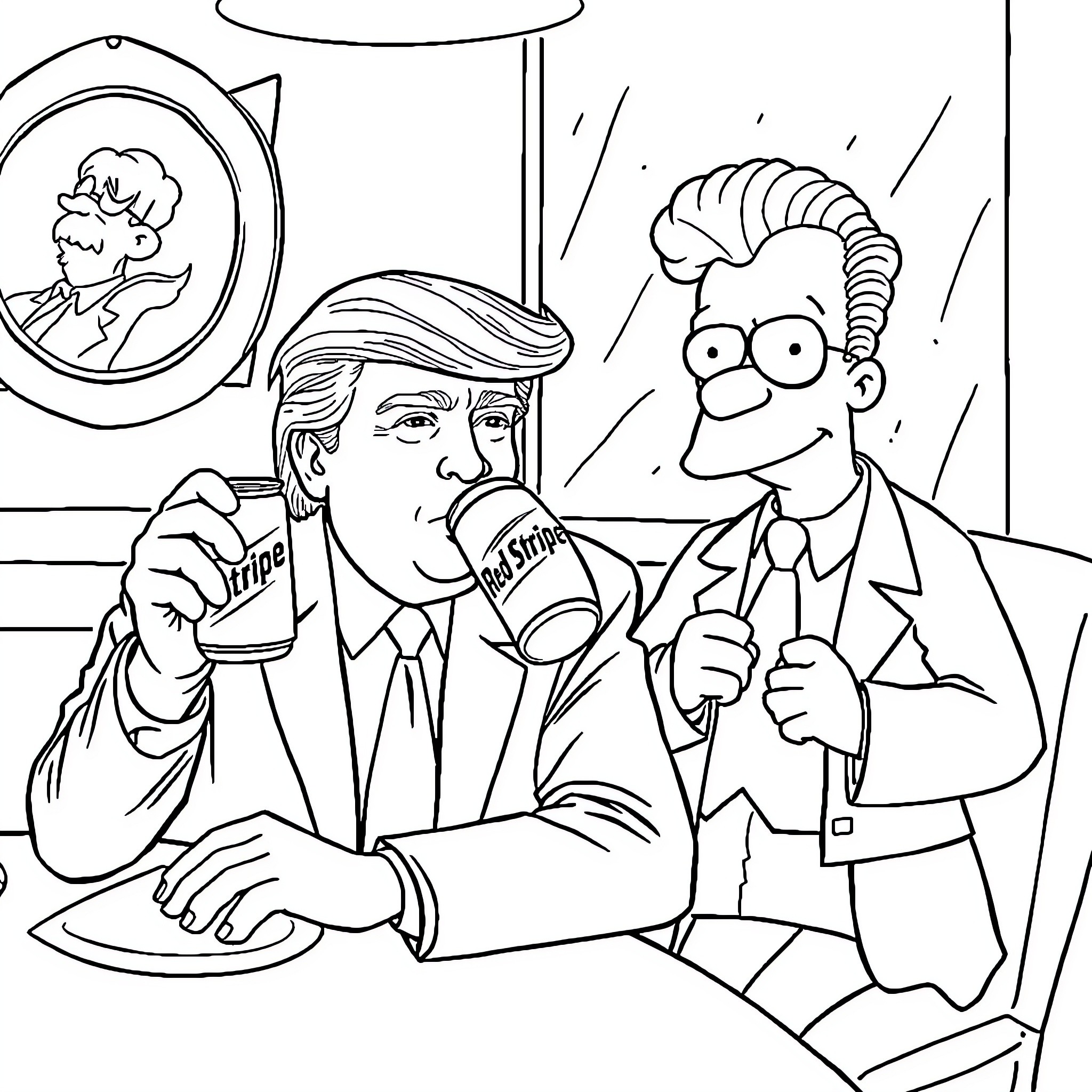 Donald Trump drinking soda with cartoon character Coloring Page (free black-and-white line drawing printable PDF for all, from beginners to advanced learners, including children, teens, adults, and seniors)