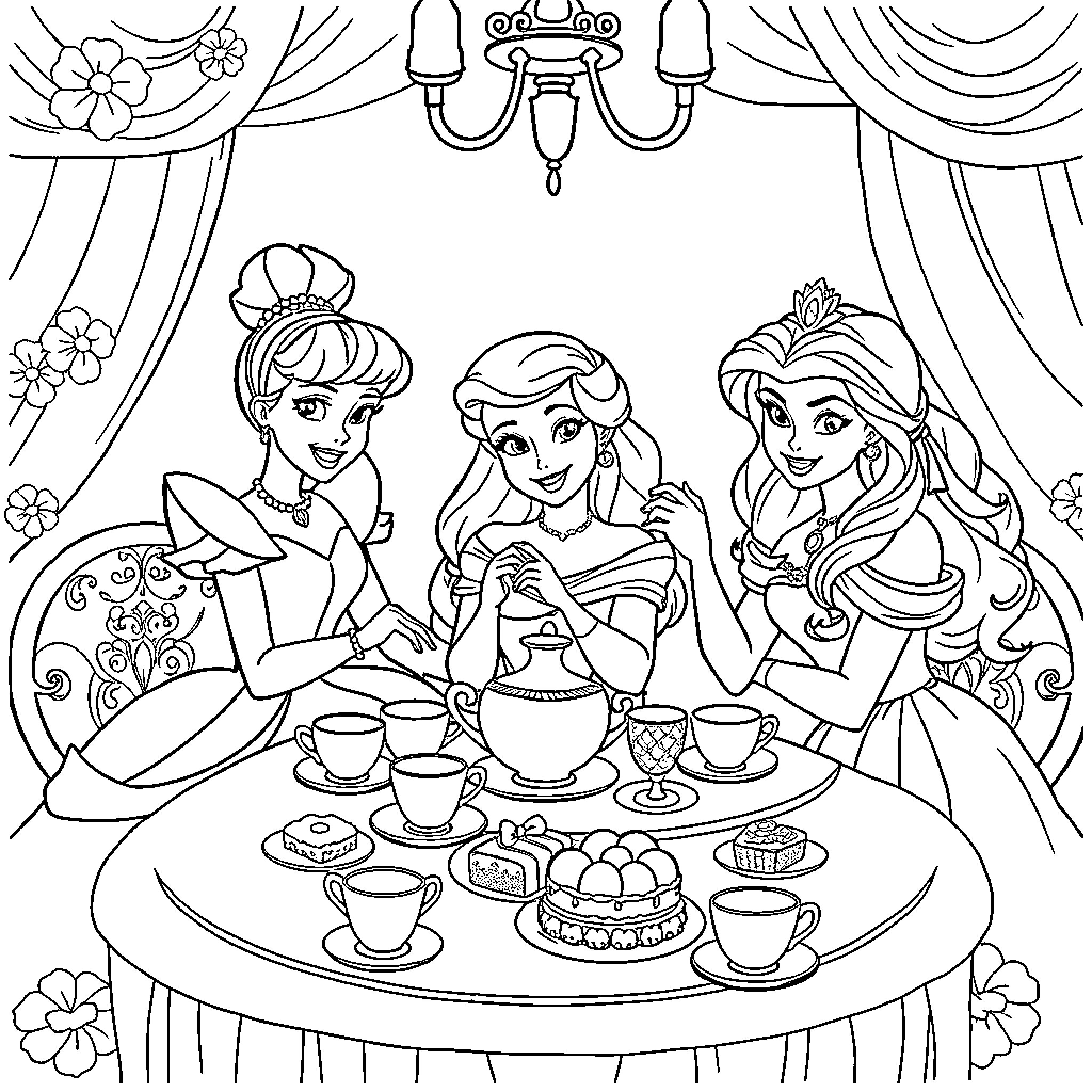 Cinderella and her royal friends enjoying a tea party Coloring Page (free black-and-white line drawing printable PDF for all, from beginners to advanced learners, including children, teens, adults, and seniors)