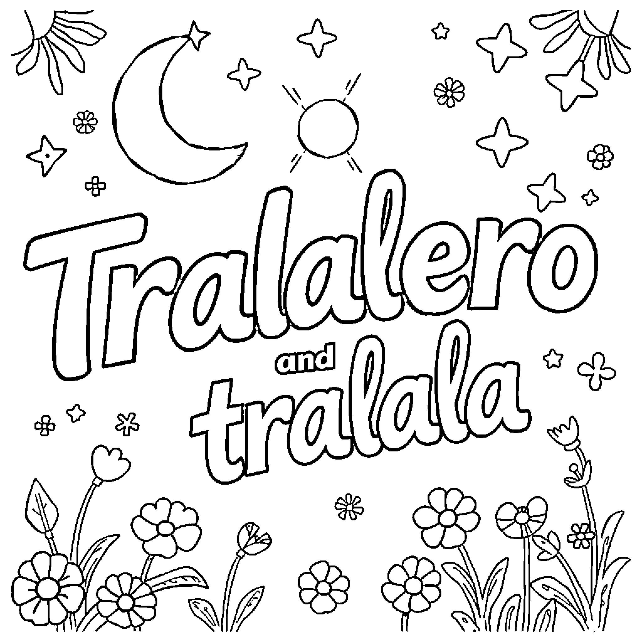 Tralalero and Tralala: A Whimsical Scene Coloring Page (free black-and-white line drawing printable PDF for all, from beginners to advanced learners, including children, teens, adults, and seniors)