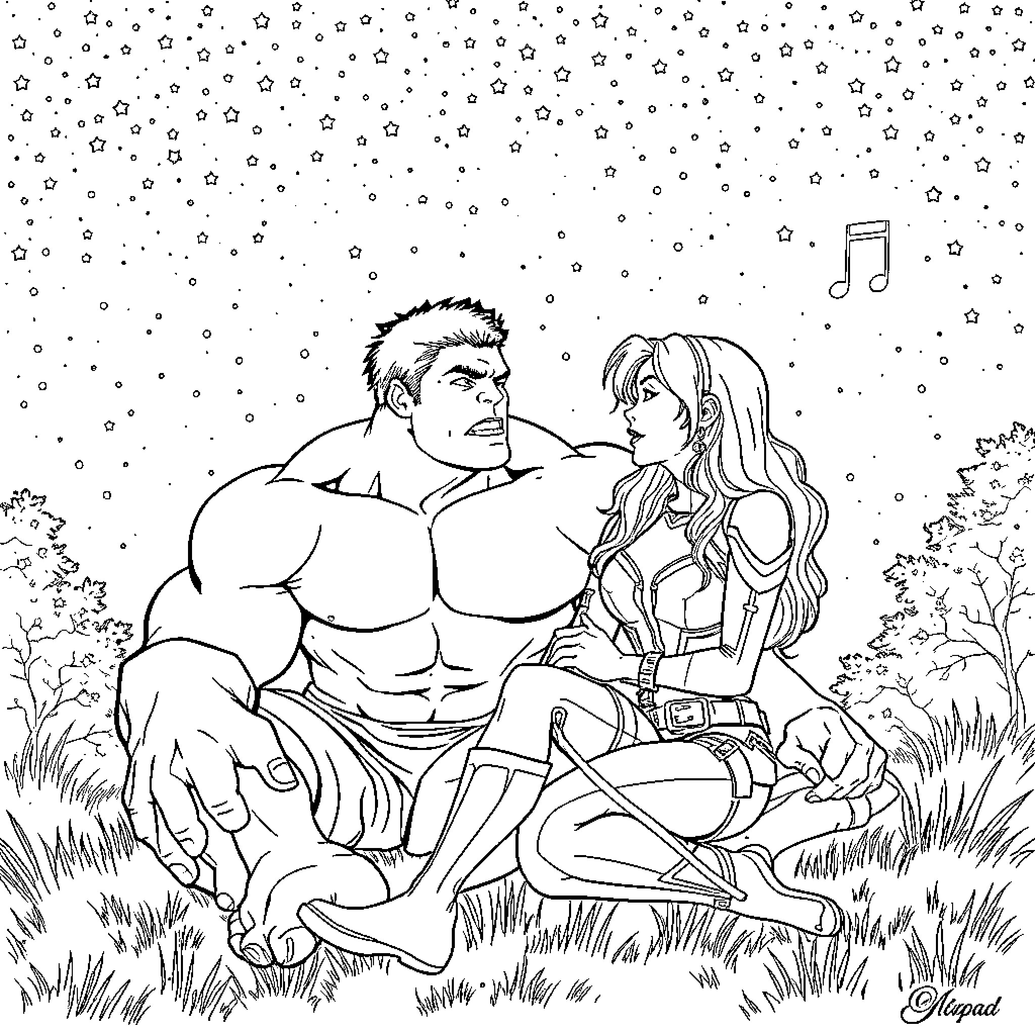 Hulk's Peaceful Moment with a Companion Coloring Page (free black-and-white line drawing printable PDF for all, from beginners to advanced learners, including children, teens, adults, and seniors)