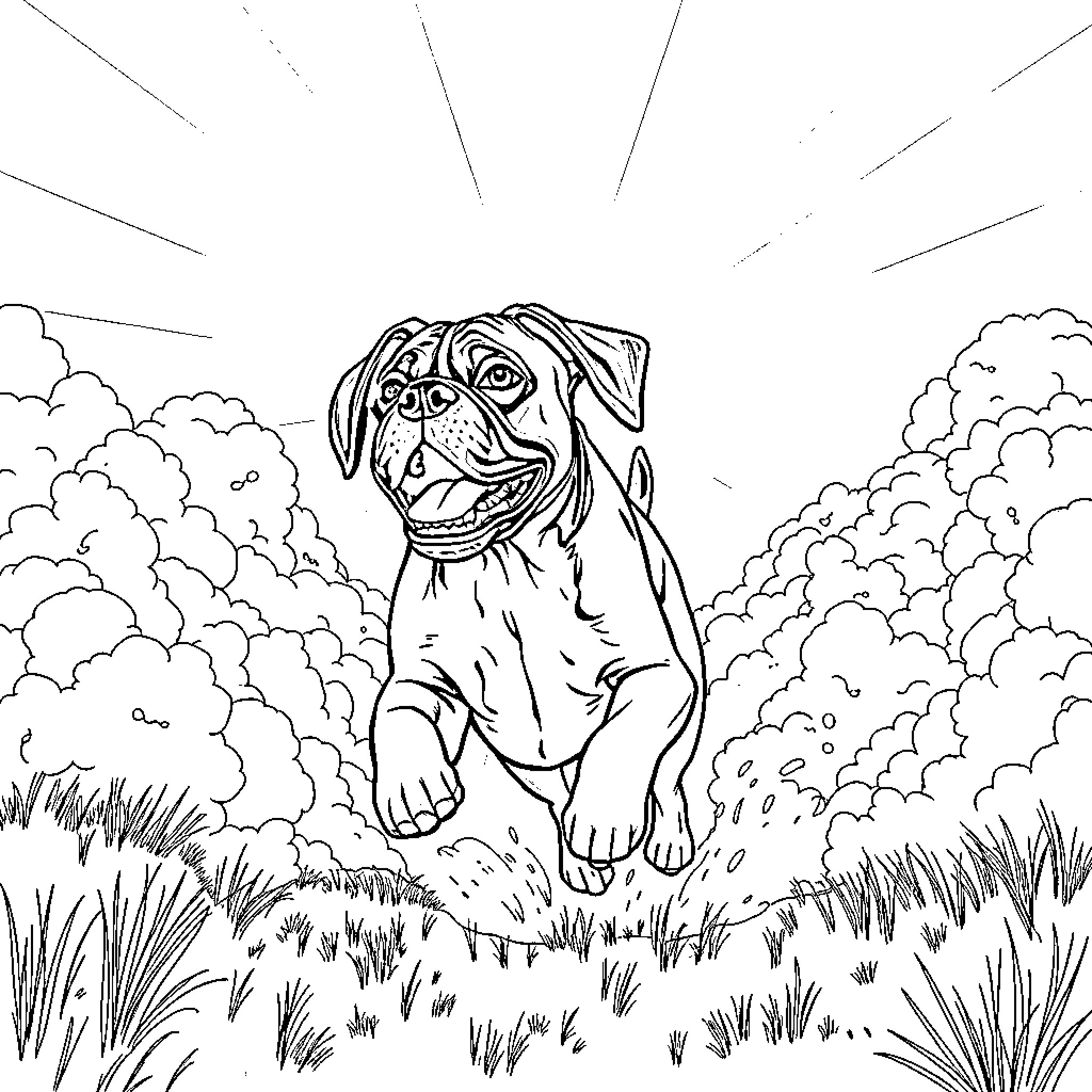 Boxer dog enjoying the outdoors in a grassy field Coloring Page (free black-and-white line drawing printable PDF for all, from beginners to advanced learners, including children, teens, adults, and seniors)