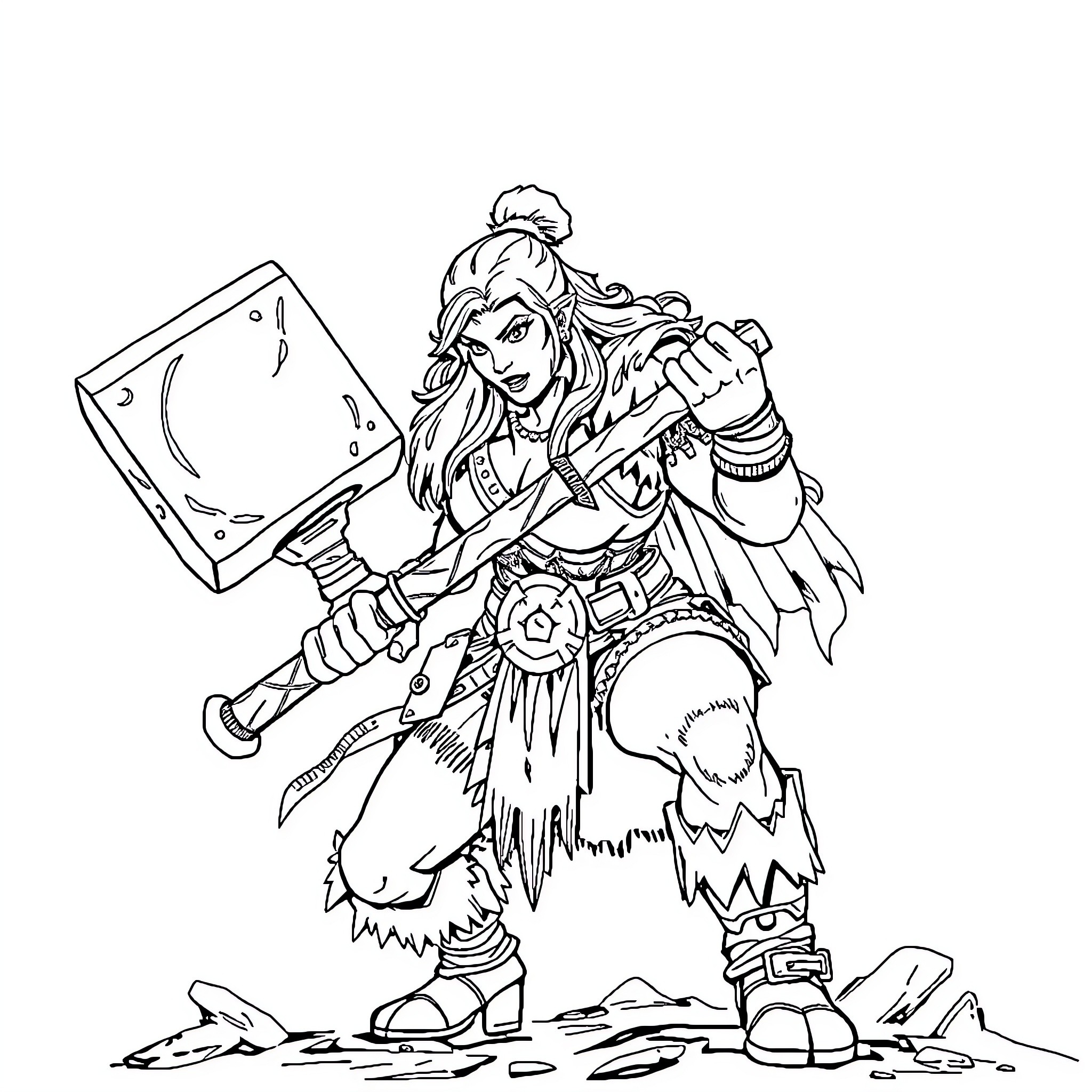 Half Orc Warrior Wielding a Battle Hammer Coloring Page (free black-and-white line drawing printable PDF for all, from beginners to advanced learners, including children, teens, adults, and seniors)