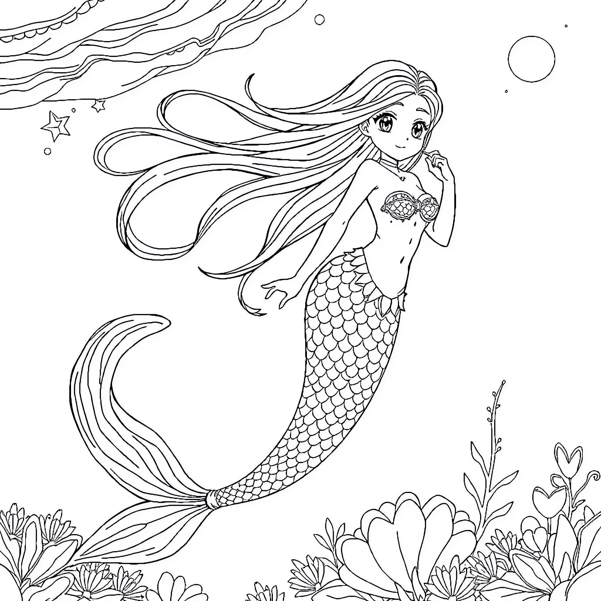 Mermaid with flowing hair swimming in the underwater scene Coloring Page (free black-and-white line drawing printable PDF for all, from beginners to advanced learners, including children, teens, adults, and seniors)