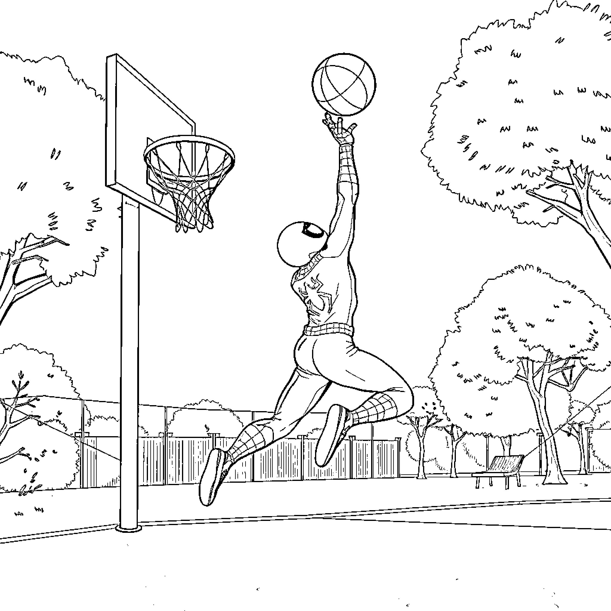 Spider-Man jumping to make a basketball shot Coloring Page (free black-and-white line drawing printable PDF for all, from beginners to advanced learners, including children, teens, adults, and seniors)