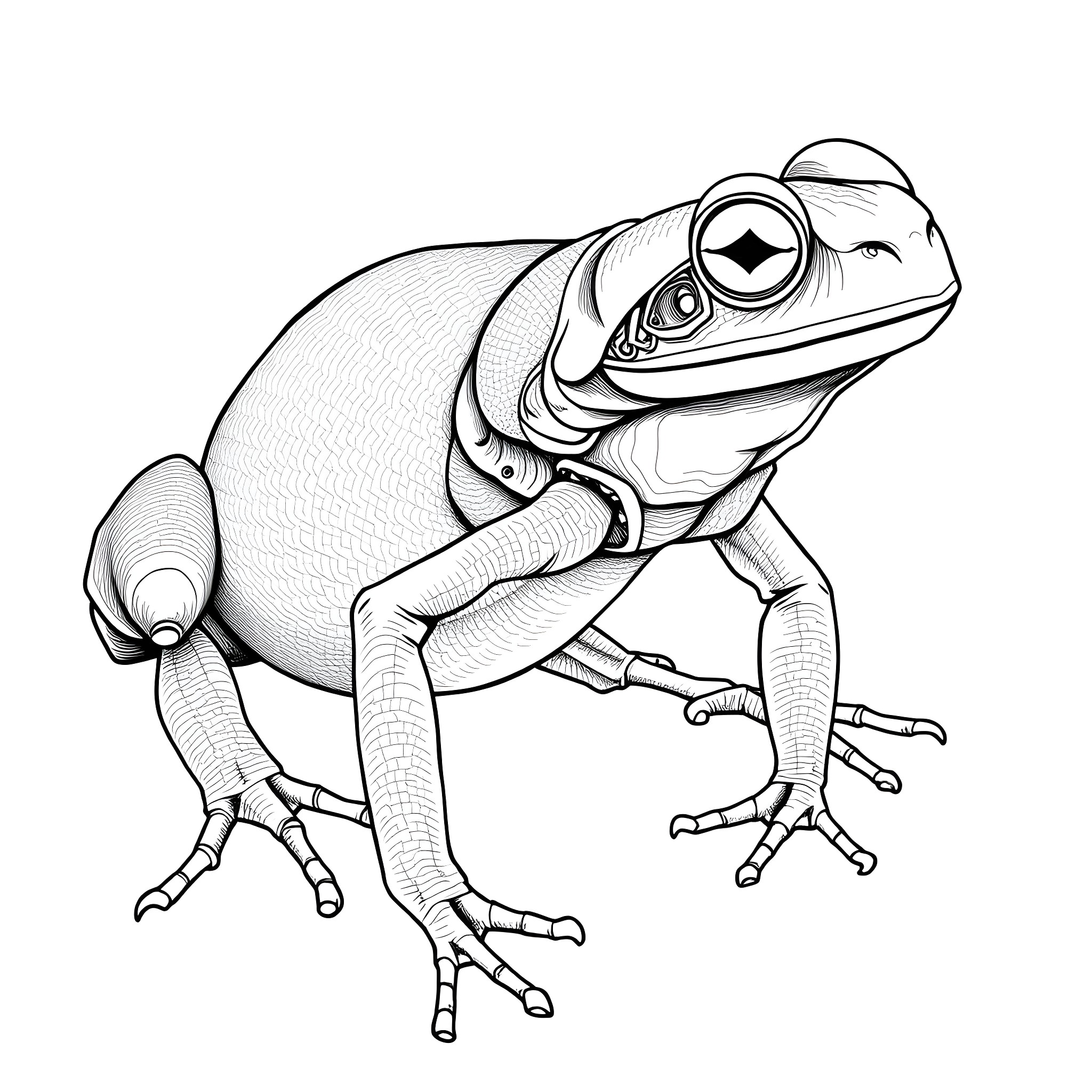 Phyllobates - Frog with Inquisitive Gaze Coloring Page (free black-and-white line drawing printable PDF for all, from beginners to advanced learners, including children, teens, adults, and seniors)