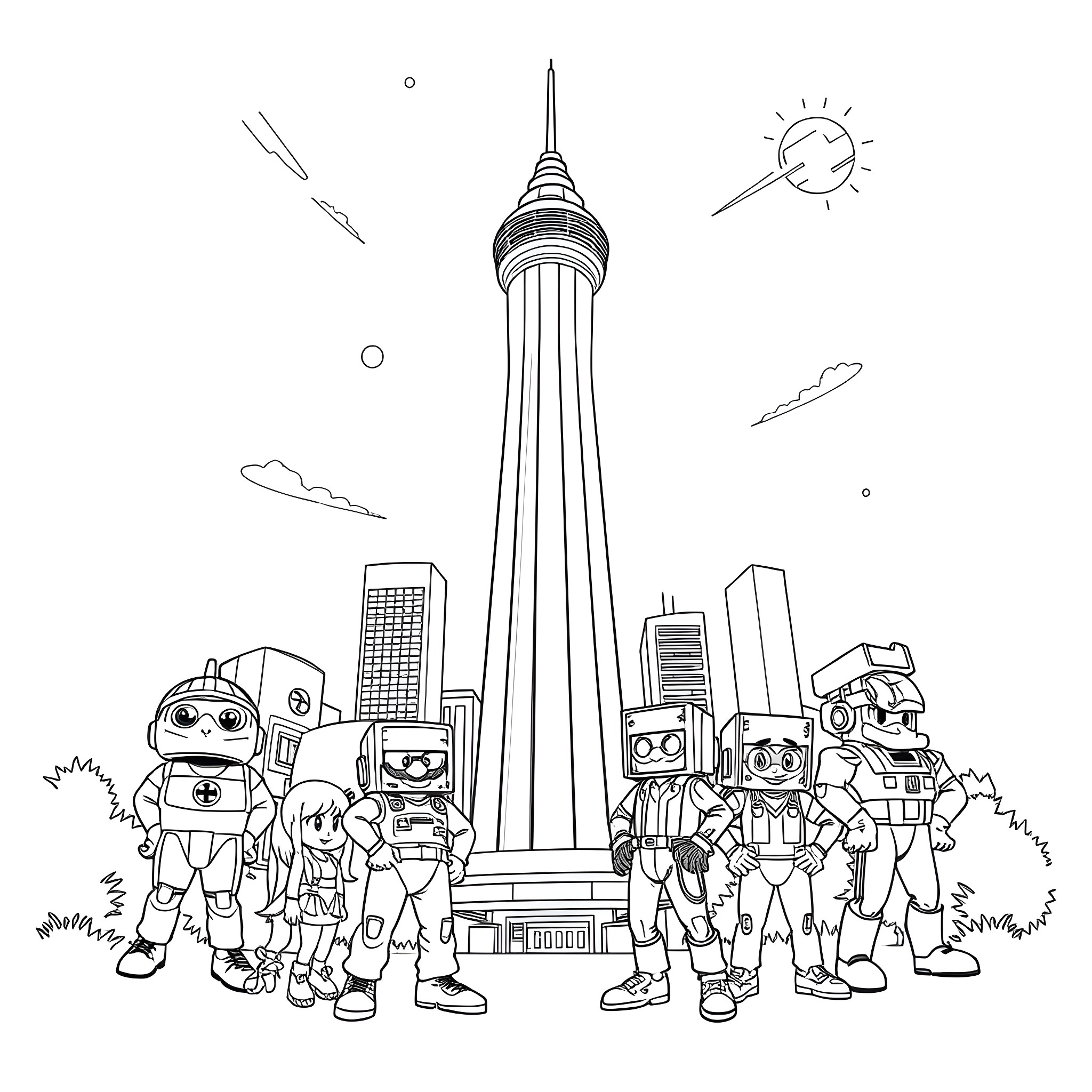 Video Game Character Exploring the City Skyline Coloring Page (free black-and-white line drawing printable PDF for all, from beginners to advanced learners, including children, teens, adults, and seniors)