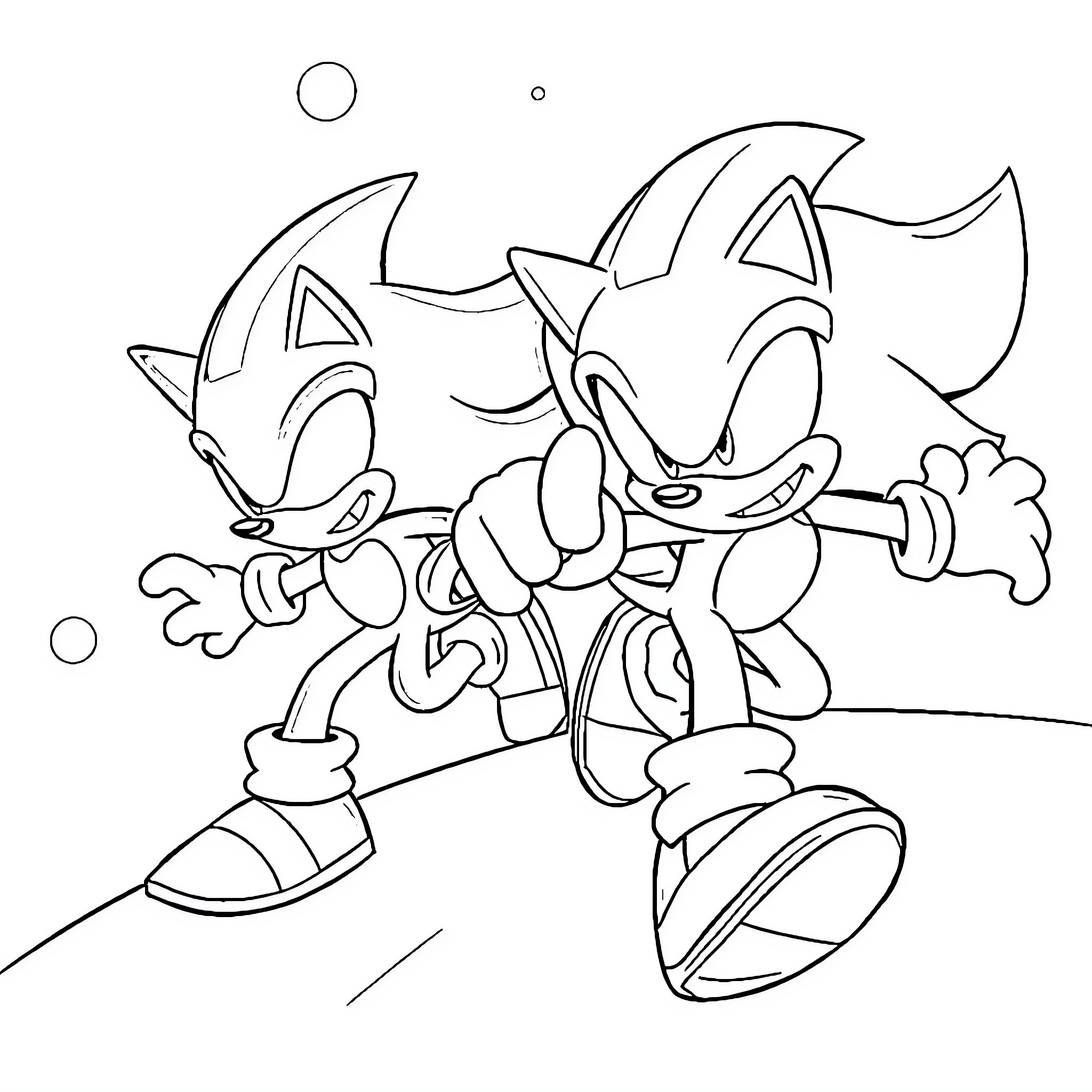 Sonic characters in energetic action scene Coloring Page (free black-and-white line drawing printable PDF for all, from beginners to advanced learners, including children, teens, adults, and seniors)