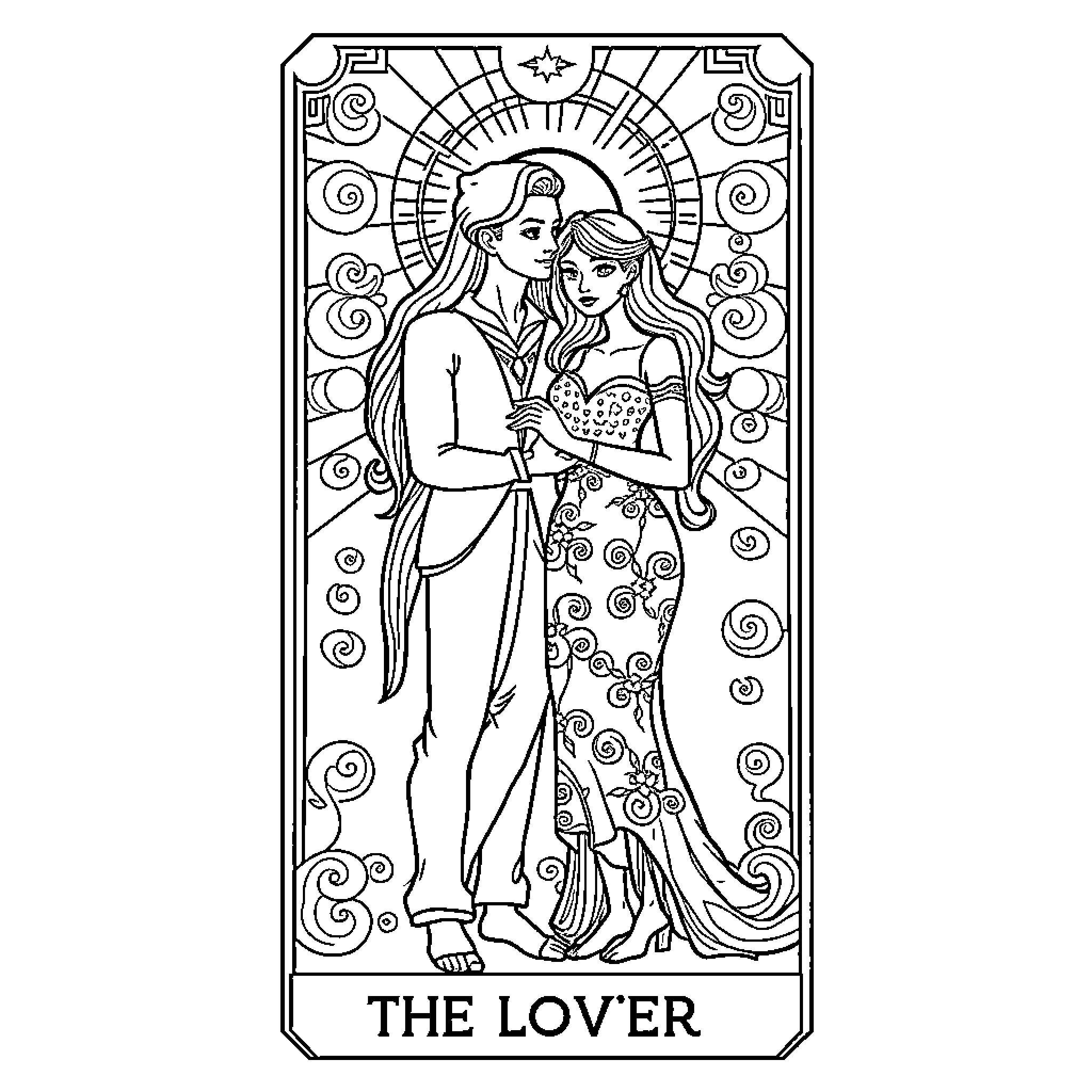 Lovers embracing in ornate art nouveau style Coloring Page (free black-and-white line drawing printable PDF for all, from beginners to advanced learners, including children, teens, adults, and seniors)