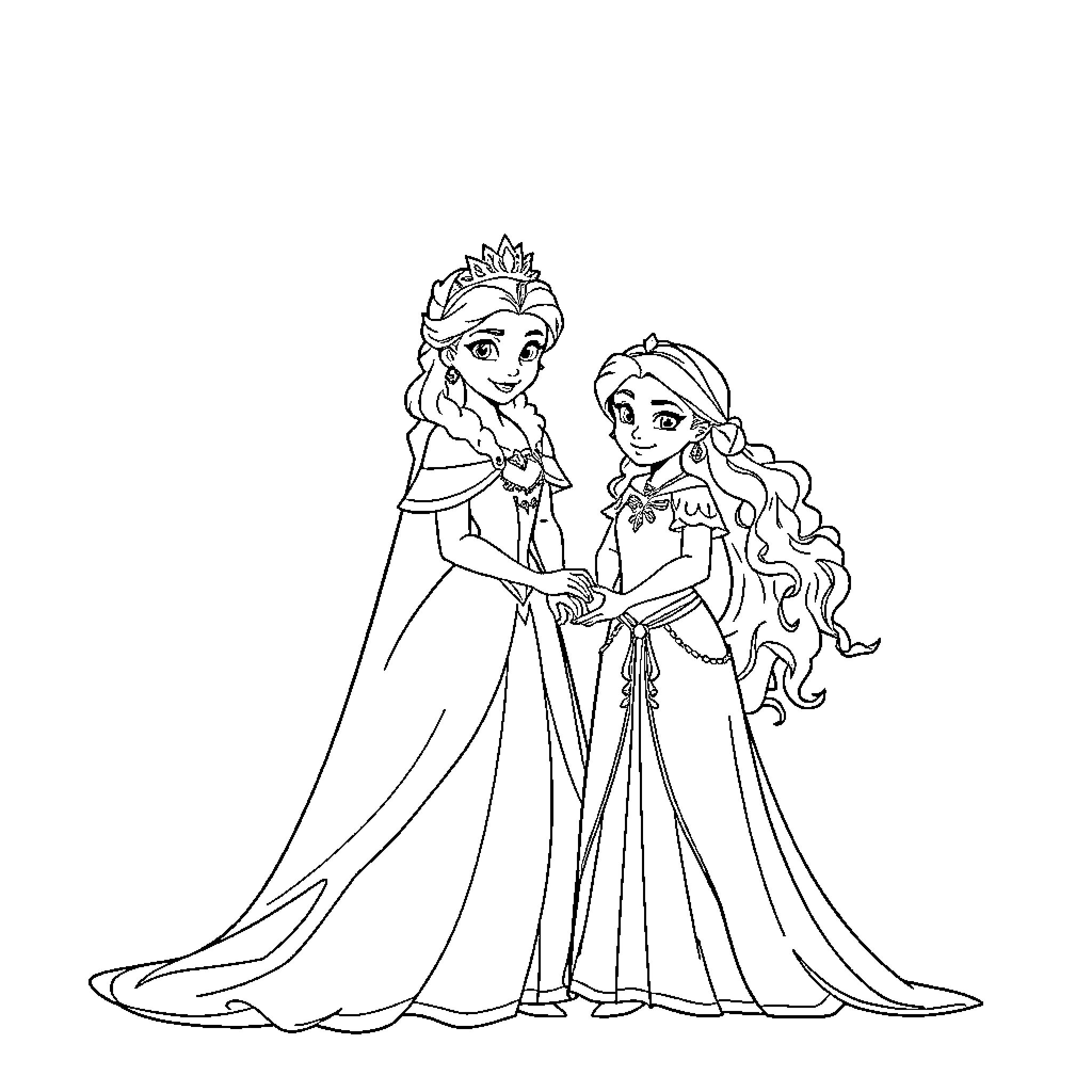 Queen and princess standing together in elegant gowns Coloring Page (free black-and-white line drawing printable PDF for all, from beginners to advanced learners, including children, teens, adults, and seniors)